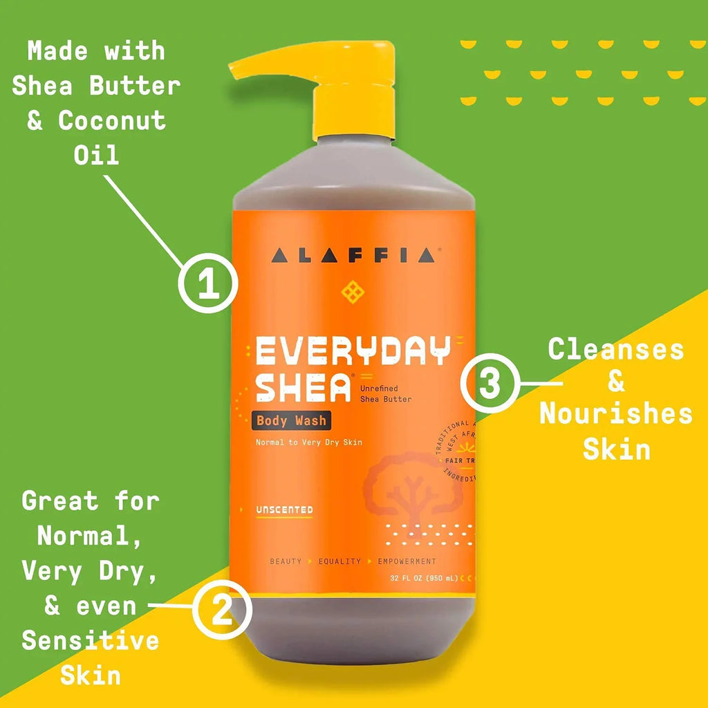 Alaffia Everyday Sizehea Body Wash, Naturally Moisturizing Cleanser For All Sizekin Types With Fair Trade Sizehea Butter, Neem & Coconut Oil, Unscented, 32 Fl Oz.