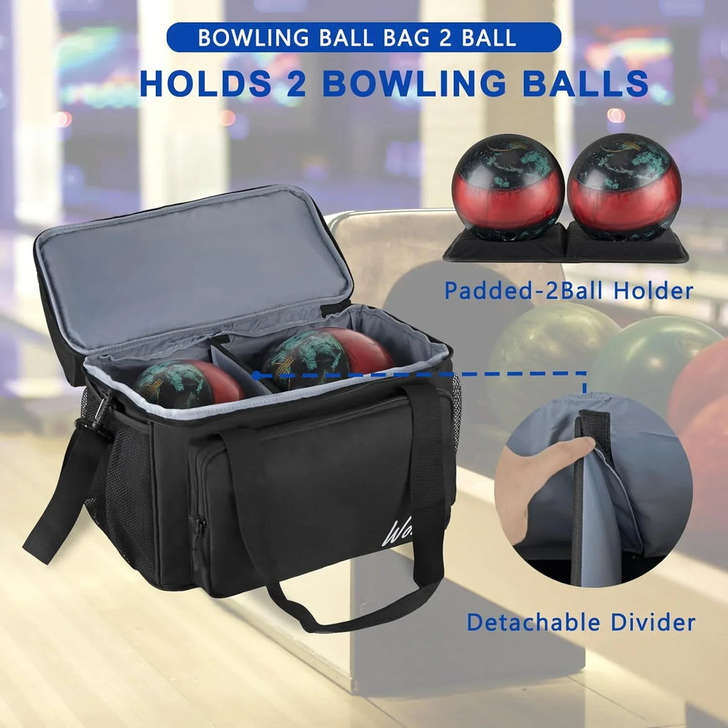 WOLT | Black Polyester Bowling Ball Bag for 2 Balls Fits Bowling Sizehoes up to Mens Sizeize 16