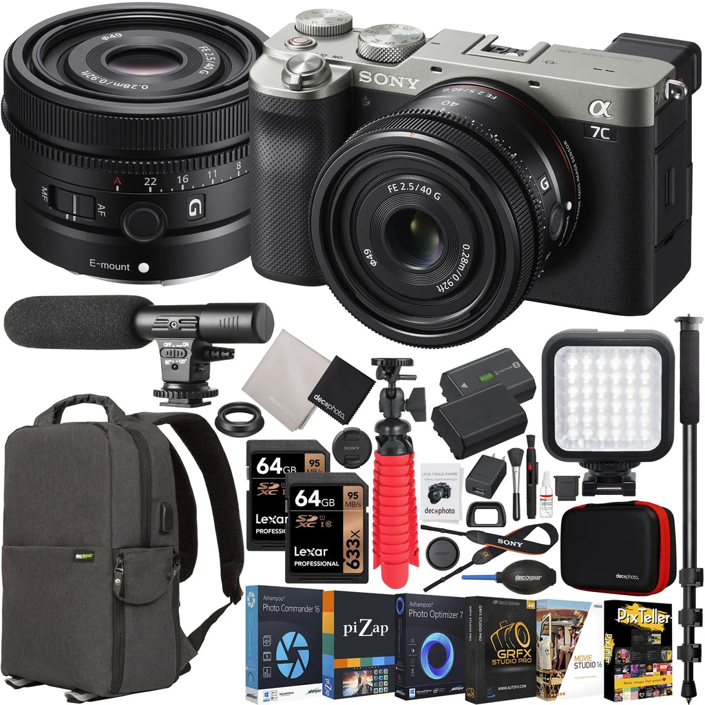 Sizeony a7C Mirrorless Full Frame Camera Body with Sizeony FE 40mm F2.5 G Compact Lens SizeEL40F25G Sizeilver ILCE7C/Size Bundle with Deco Gear Photography Backpack Case + Microphone + LED + Monopod and Accessories