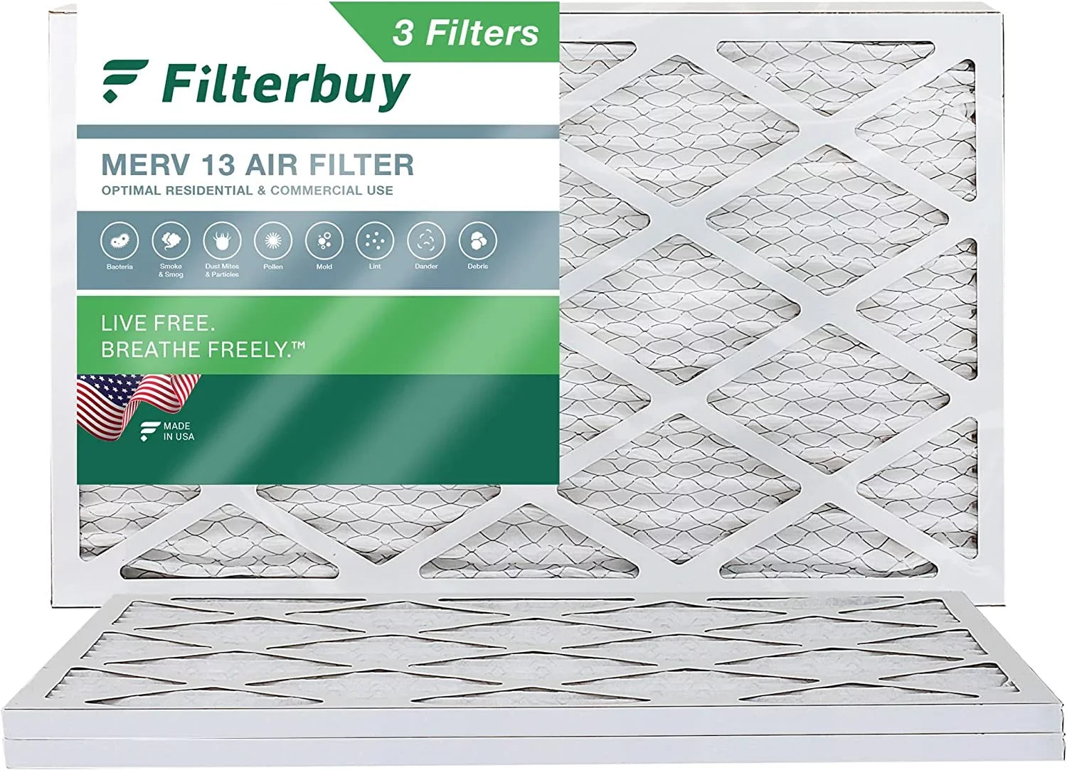 Filterbuy 14x25x1 MERV 13 Pleated HVAC AC Furnace Air Filters (3-Pack)