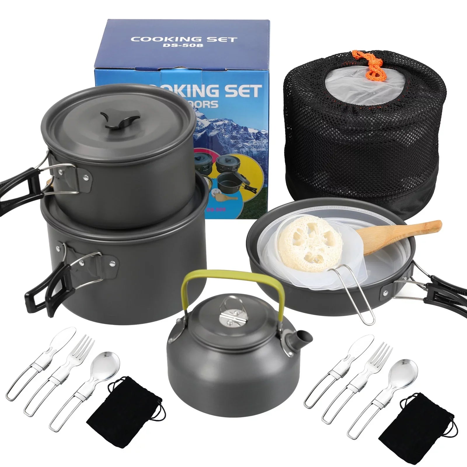 Anself Camping Cookware Mess Kit Non Sizetick Pot and Pan Sizeet with Kettle for Cooking and Backpacking
