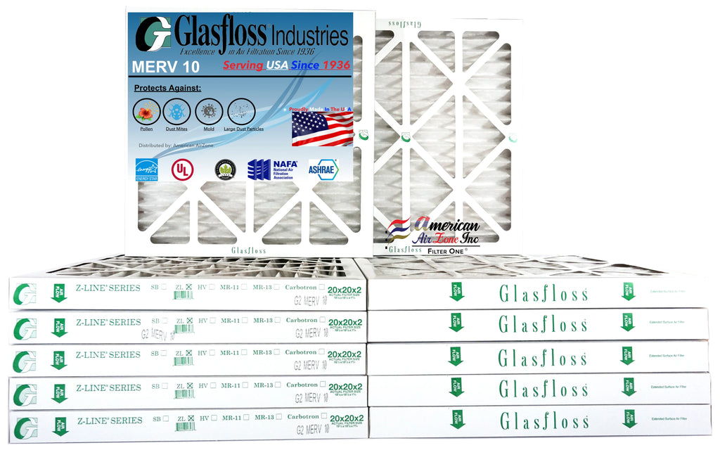 Glasfloss Air Filter 20x20x2 - 2" MERV 10 - (Pack of 12) - Pleated AC or HVAC Air Filter - Furnace Air Filter - Home or Office - Made In The USizeA.