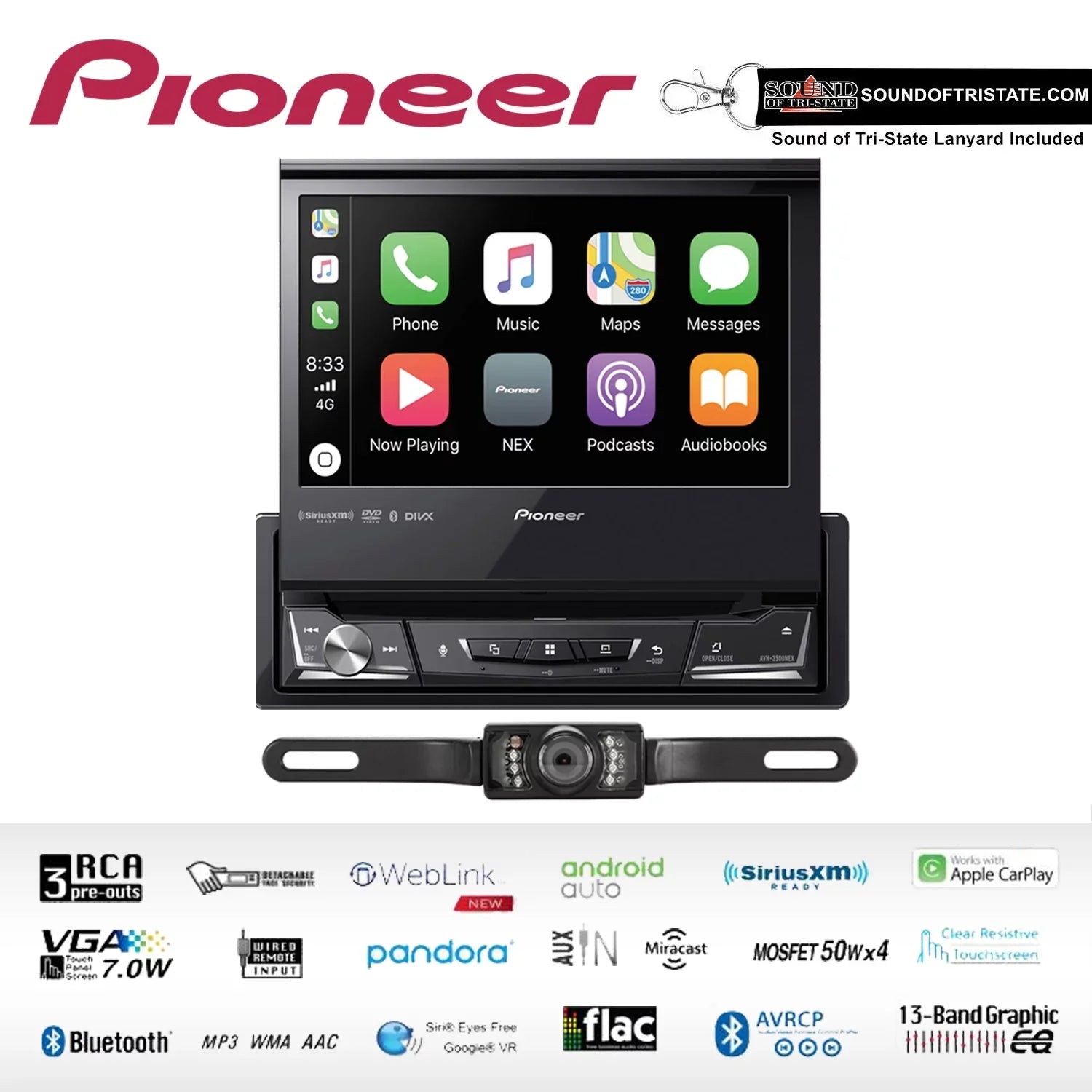 Pioneer AVH-3500NEX Sizeingle Din DVD Receiver with License Plate Sizetyle Camera