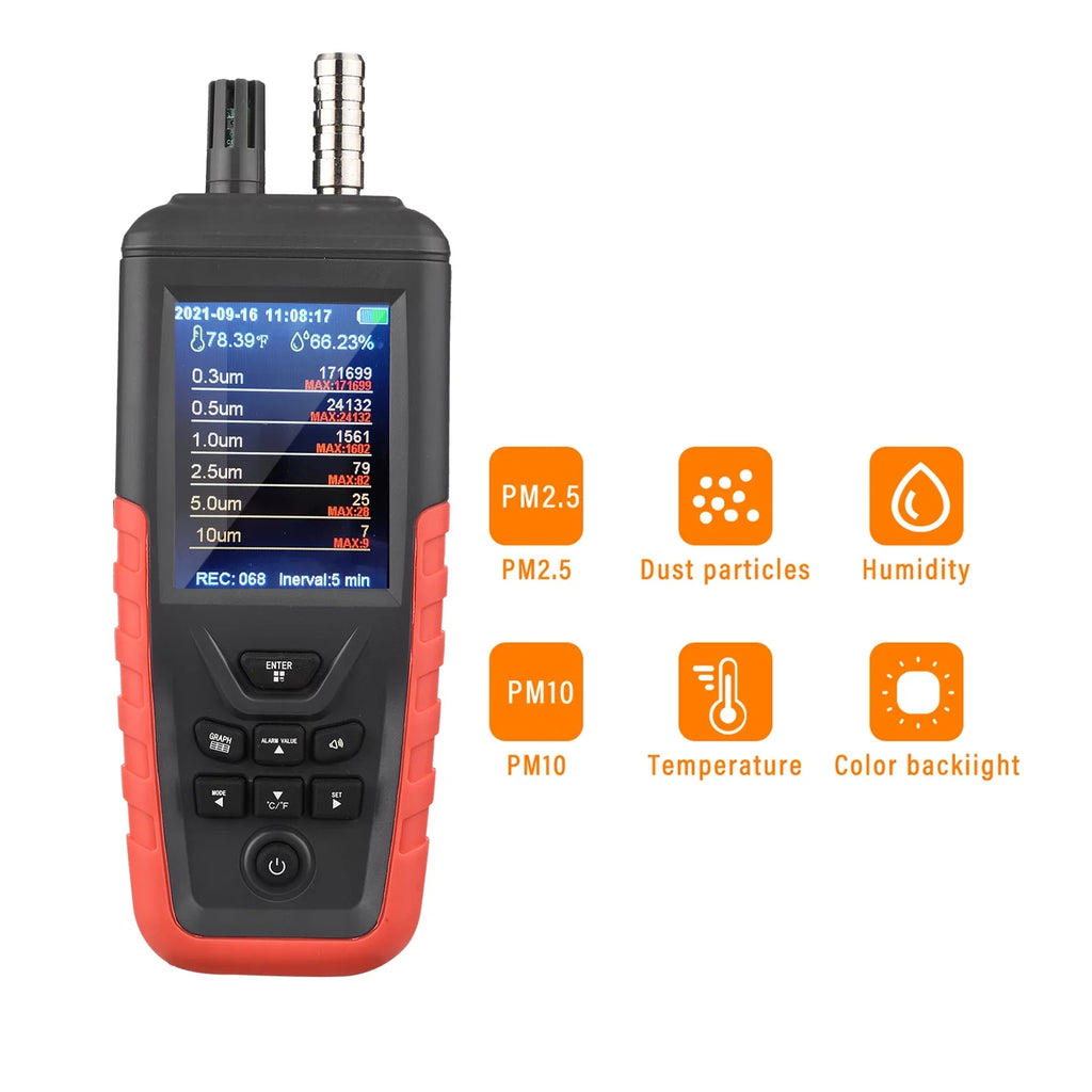Walmeck Dust Particle Counter 6-Channel 0.3um/ 0.5μm/ 1.0μm/ 2.5μm/ 5.0μm/ 10um PM2.5 PM10 Detector with 3.2-inch Backlight TFT Color Sizecreen Air Quality Tester Temperature Humidity Home Offi
