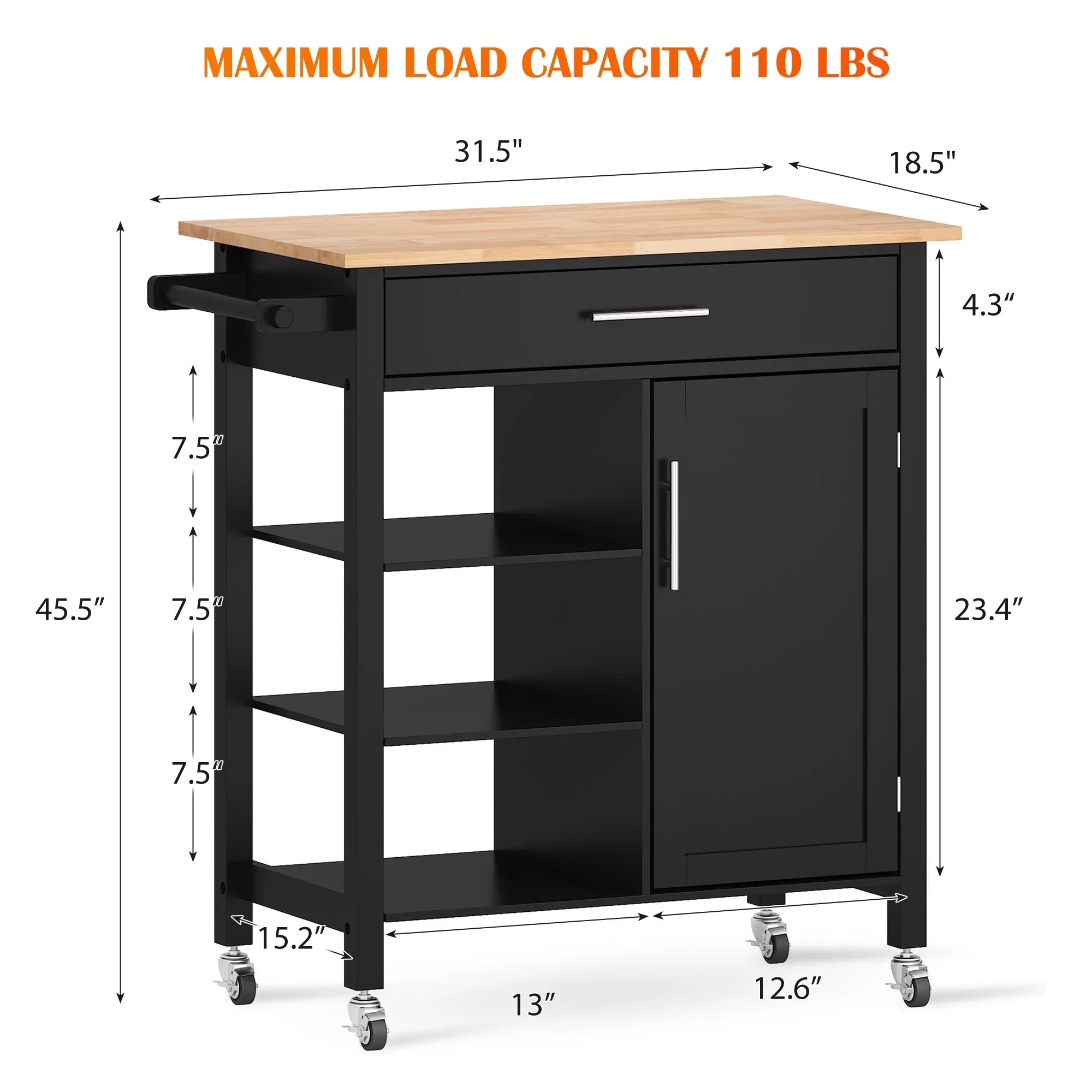 SizeogesPower 36"Height Multi-Purpose Kitchen Island with Hidden Cabinet- Black