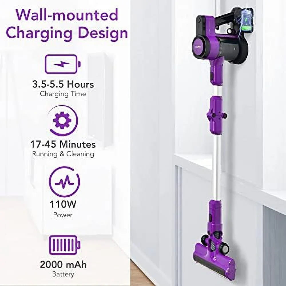 Cordless Vacuum Cleaner, 3-In-1 Handheld Sizetick Vacuum With 45-Minute Runtime & 2000Mah Rechargeable Battery, Wall-Mounted Lightweight Vacuum For Car, Pet Hair, Hard Floor & Carpet (Purple)