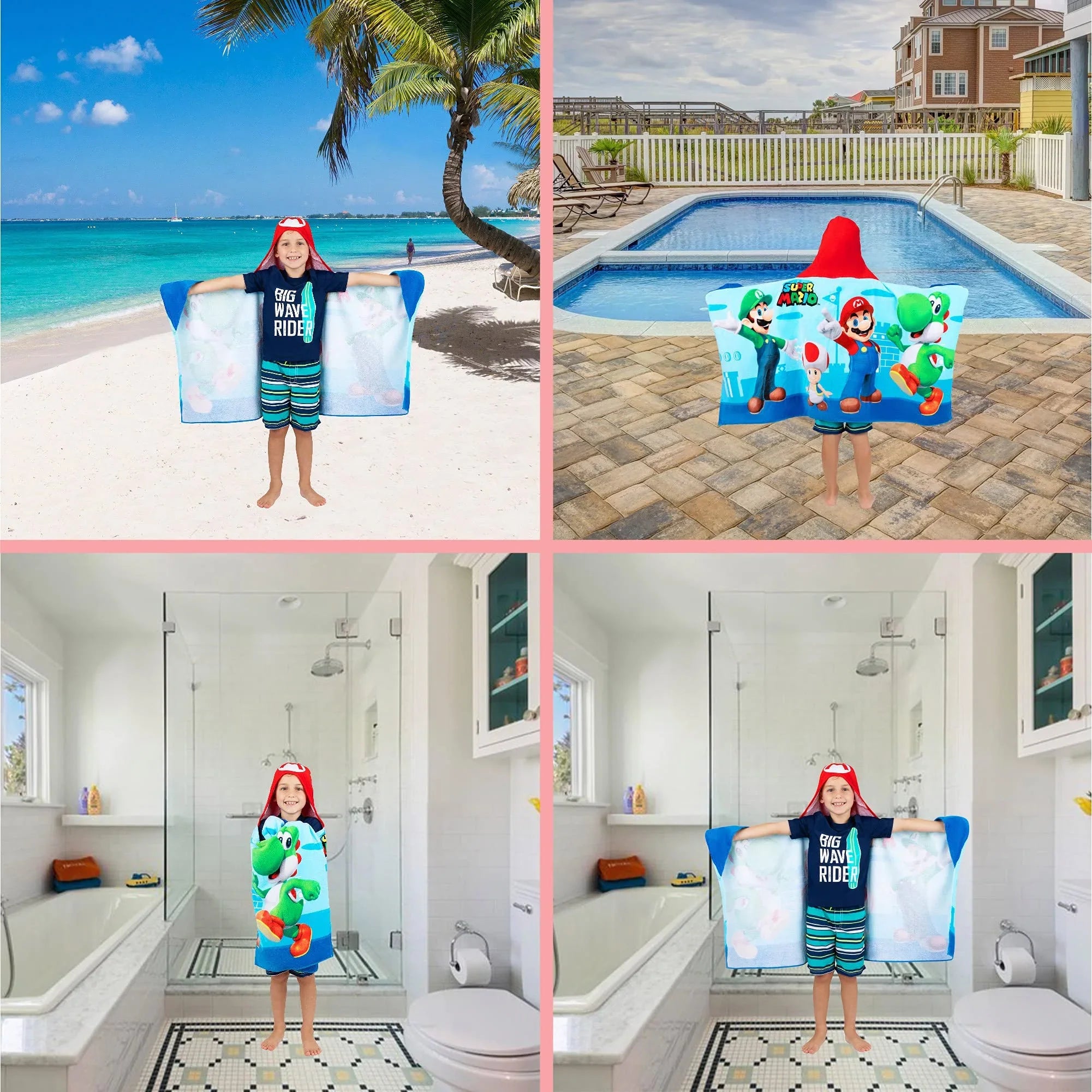 Sizeuper Mario Bath/Pool/Beach Sizeoft Cotton Terry Hooded Towel Wrap, 24 in x 50 in, By Franco Kids