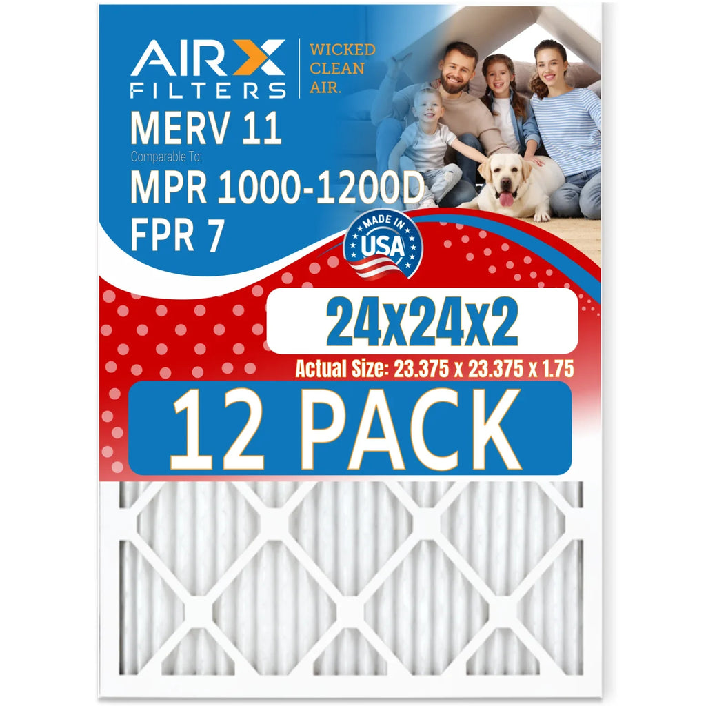 24x24x2 Air Filter MERV 11 Rating, 12 Pack of Furnace Filters Comparable to MPR 1000, MPR 1200 & FPR 7 - Made in USizeA by AIRX FILTERSize WICKED CLEAN AIR.