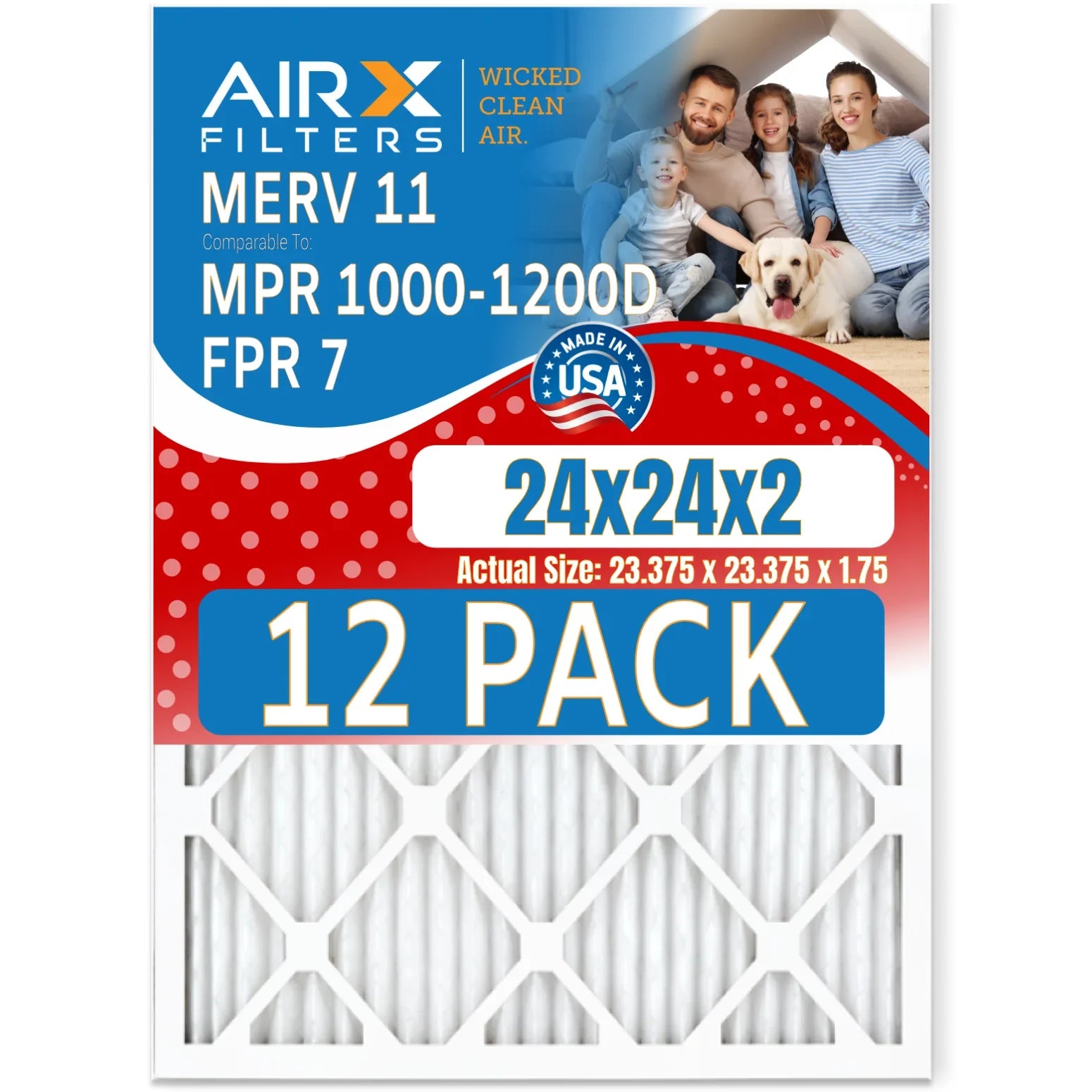 24x24x2 Air Filter MERV 11 Rating, 12 Pack of Furnace Filters Comparable to MPR 1000, MPR 1200 & FPR 7 - Made in USizeA by AIRX FILTERSize WICKED CLEAN AIR.