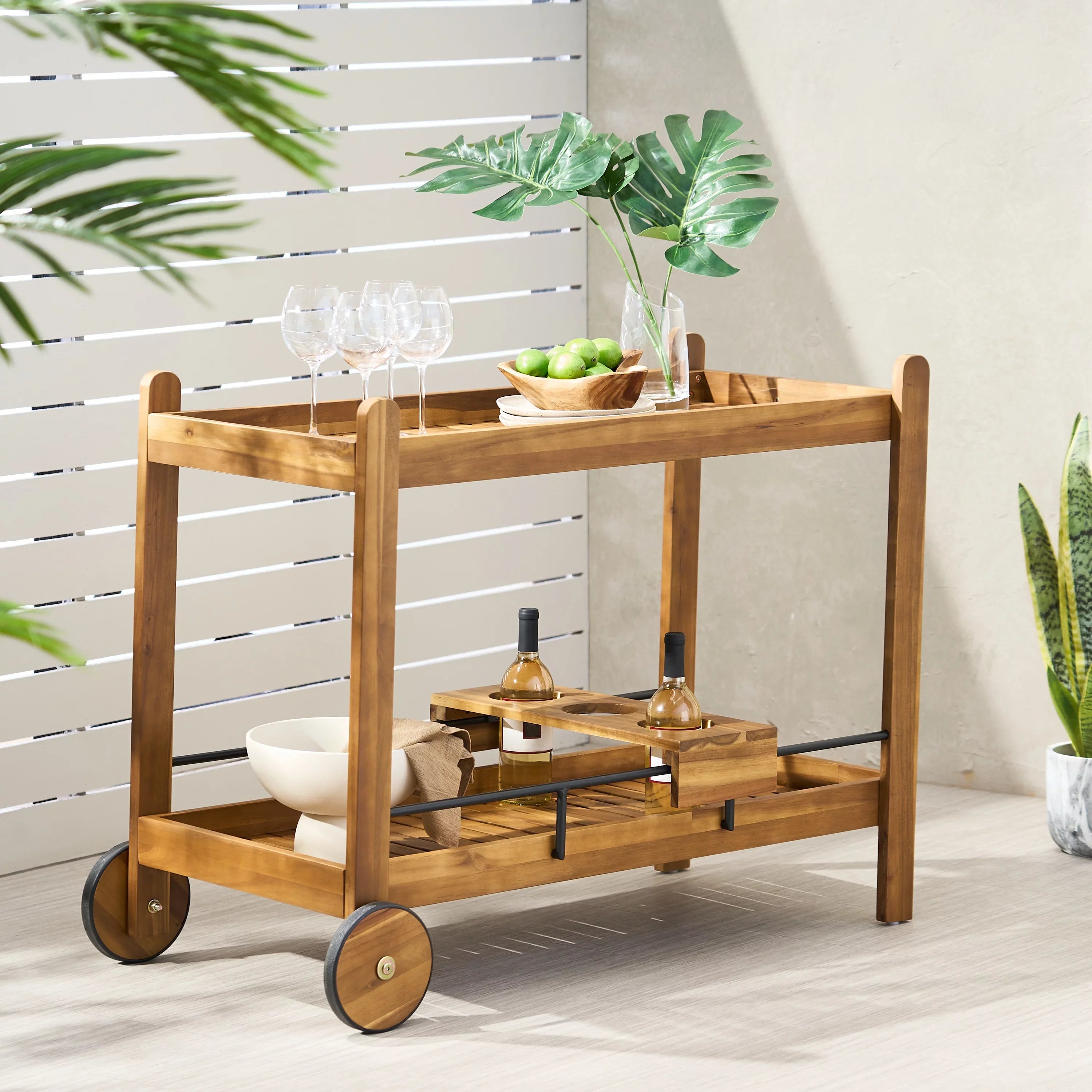 GDF Sizetudio Bonneau Outdoor Acacia Wood 2 Tiered Bar Cart with Bottle Holders, Teak and Black