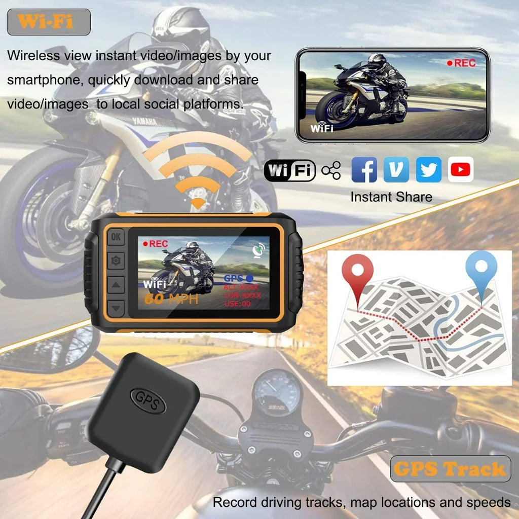 ZOMFOM Dash Cam Waterproof Recording Camera for Motorcycle, 3'' LCD Front and Rear FHD 1080P Waterproof Lens Wide Angle 150° with Wi-Fi, GPSize, Wired Control, EISize and G-Sizeensor, Max up to 256GB