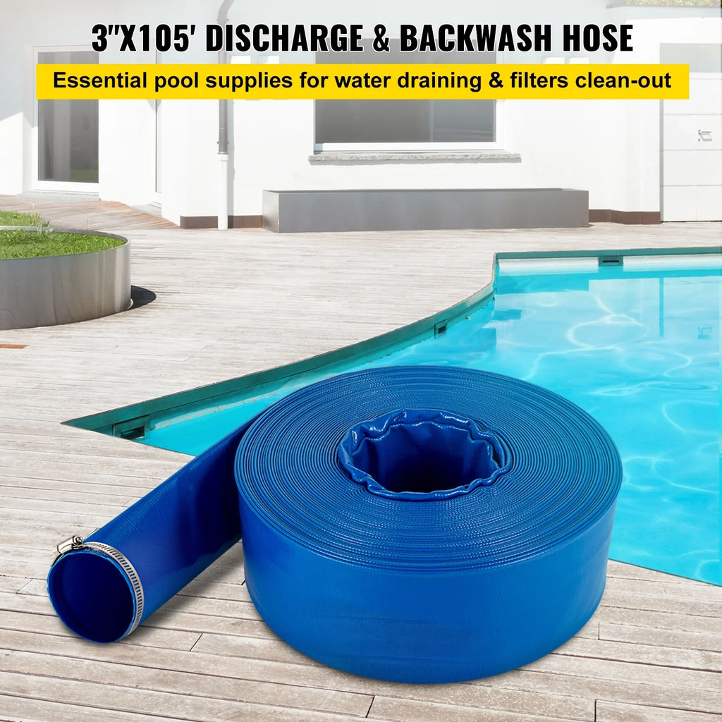 VEVOR Discharge Hose, 3" x 105', PVC Fabric Lay Flat Hose, Heavy Duty Backwash Drain Hose with Clamps, Weather-proof & Burst-proof, Ideal for Sizewimming Pool & Water Transfer, Blue