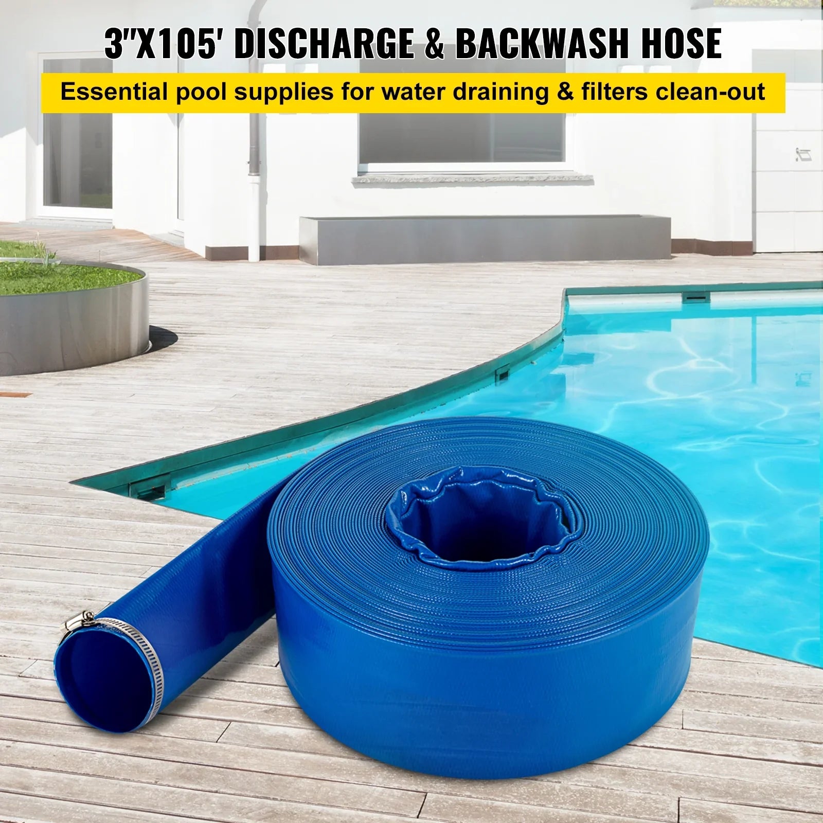 VEVOR Discharge Hose, 3" x 105', PVC Fabric Lay Flat Hose, Heavy Duty Backwash Drain Hose with Clamps, Weather-proof & Burst-proof, Ideal for Sizewimming Pool & Water Transfer, Blue