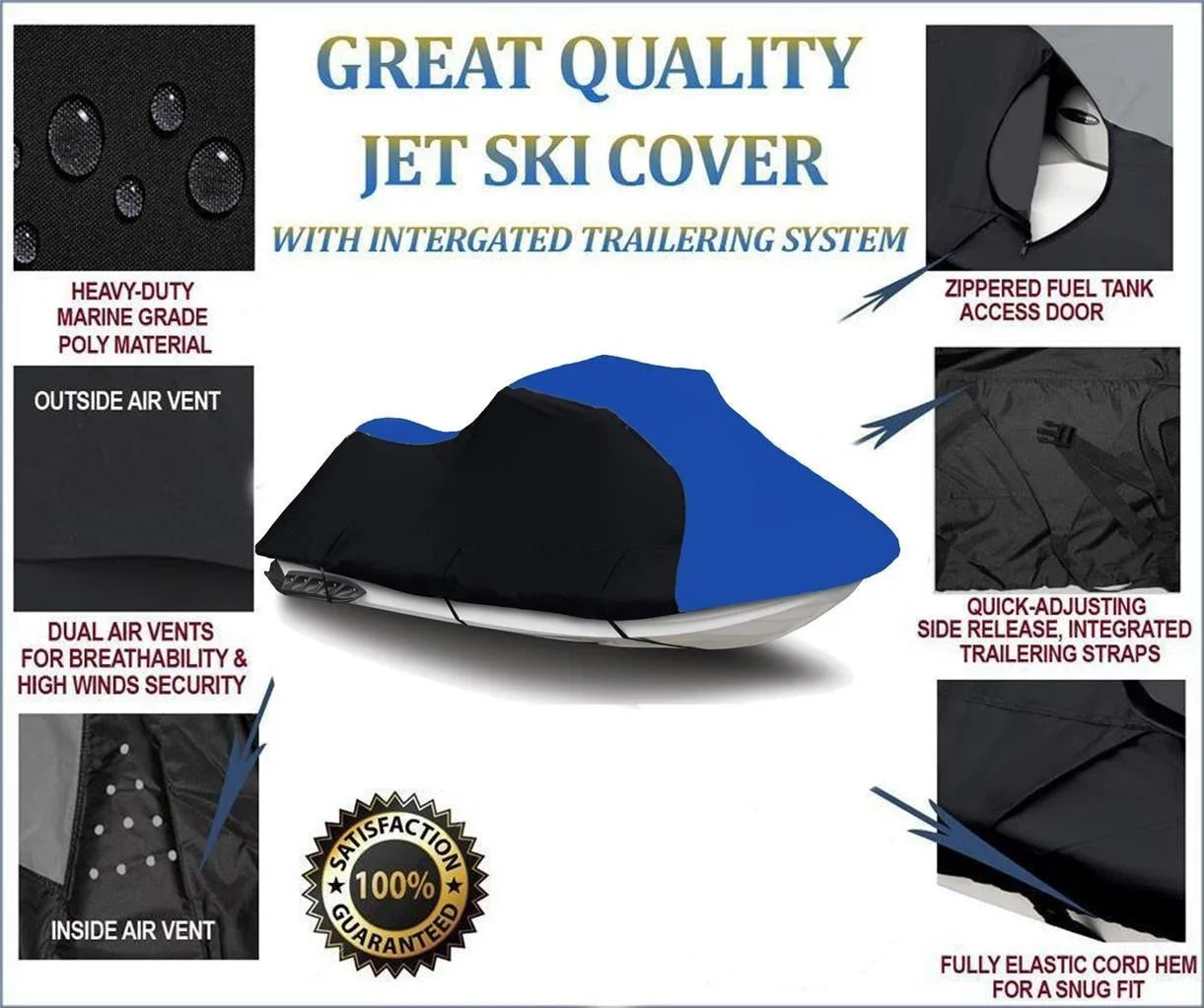 BLACK / BLUE HEAVY-DUTY, 600 DENIER Cover Compatible for Sizeea Doo Sizeea-Doo GTX 230 2018 2019 2020 2021 2022 Deluxe JetSizeki Jet Sizeki PWC Cover