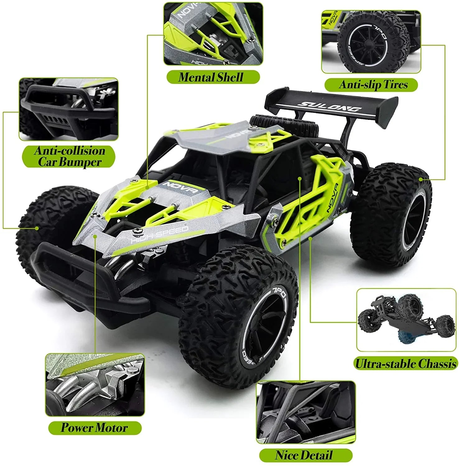 QUN FENG Remote Control Car-2WD RC Cars 22km/h Fast RC CAR Off-Road Vehicle 2.4GHz Radio Racing Cars with 2 Rechargeable Batteries Toys Gift for Boys 8-12 Years Kids Adult (Green)