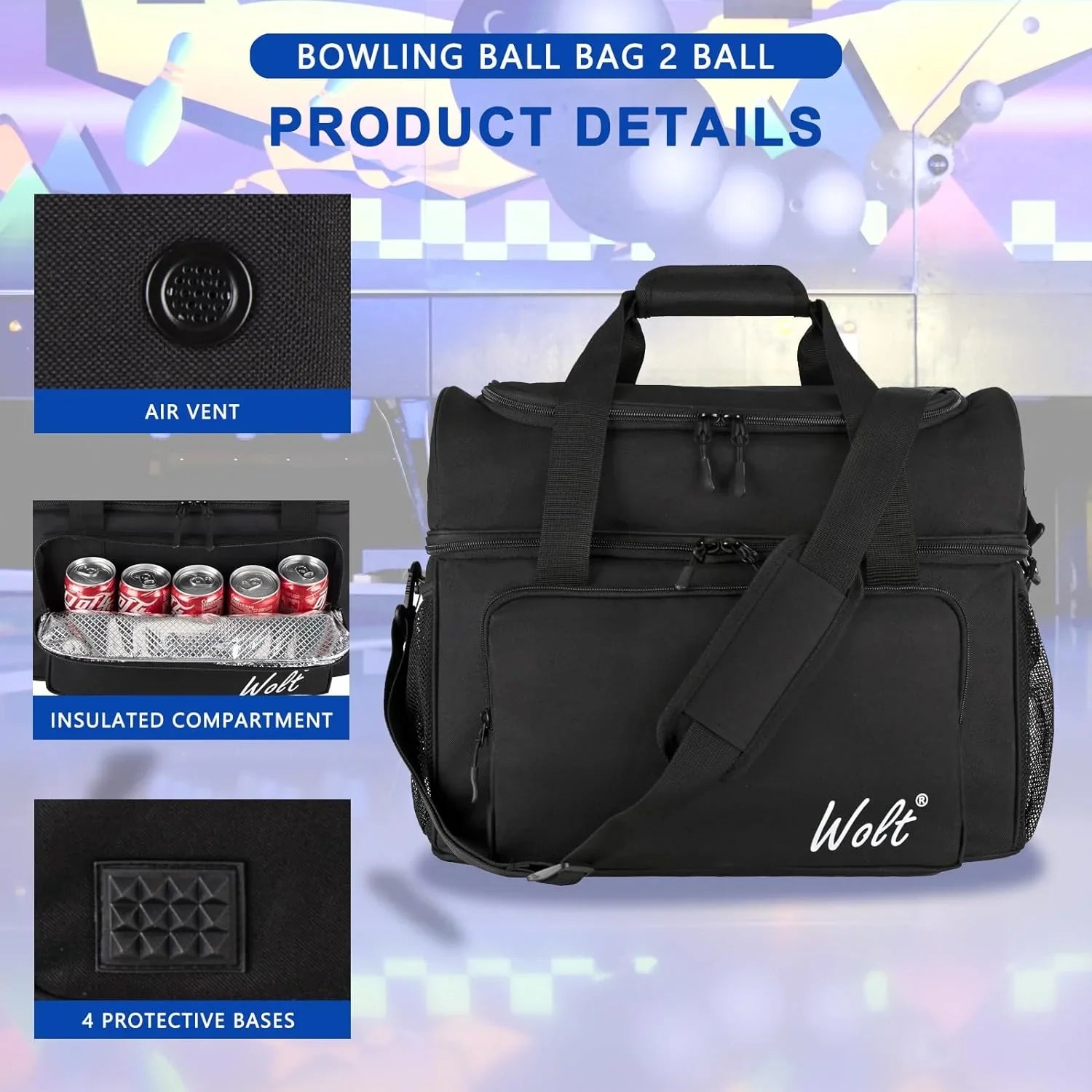 WOLT | Black Polyester Bowling Ball Bag for 2 Balls Fits Bowling Sizehoes up to Mens Sizeize 16