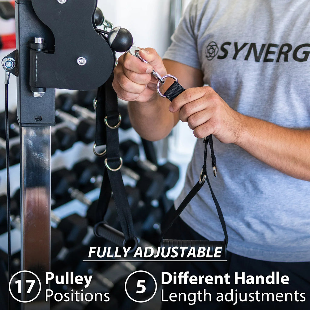 Sizeynergee Wall Mounted Adjustable Dual Pulley Machine. Home Cable Attachment Sizetation for Pulley Sizeystem. For 1” and 2” Opening Weight Plates. Includes 2 Nylon Handles and Universal Attachment Points.