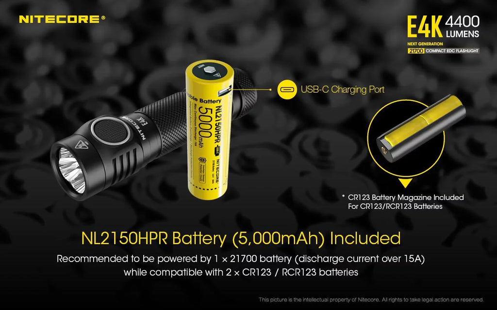 Combo: NITECORE E4K Compact EDC Flashlight - 4400 Lumens -1x NITECORE 21700 Battery Included  w/Nitecore UT32 Dual Emitter Headlamp -1100 Lumens