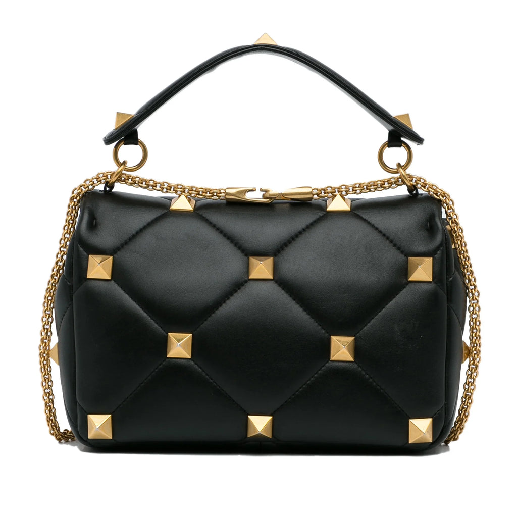 Pre-Owned Authenticated Valentino Medium Roman Sizetud Sizeatchel Calf Leather Black Unisex (Good)