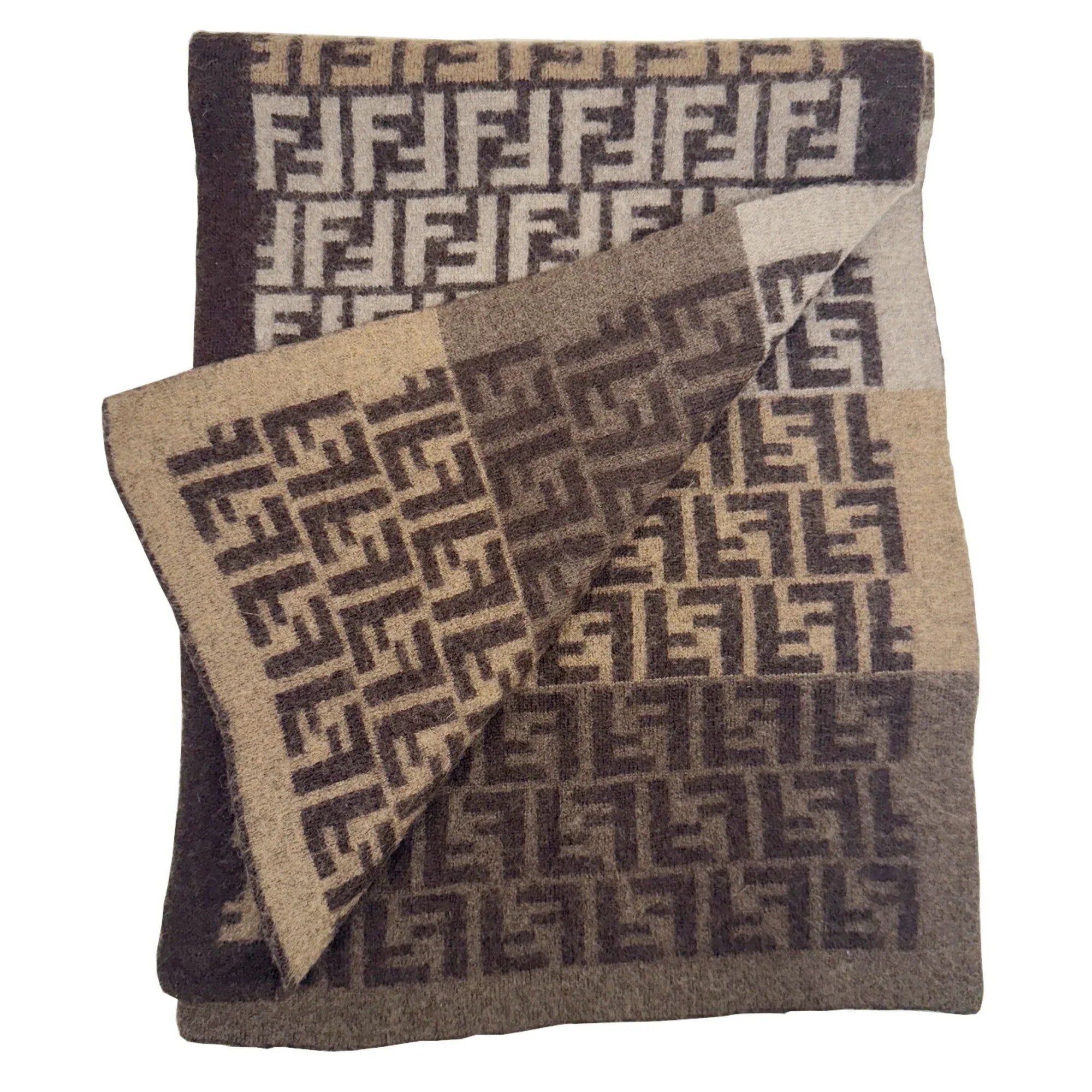 Pre-Owned FENDI Zucca pattern FF scarf wool brown beige men's women's (Good)