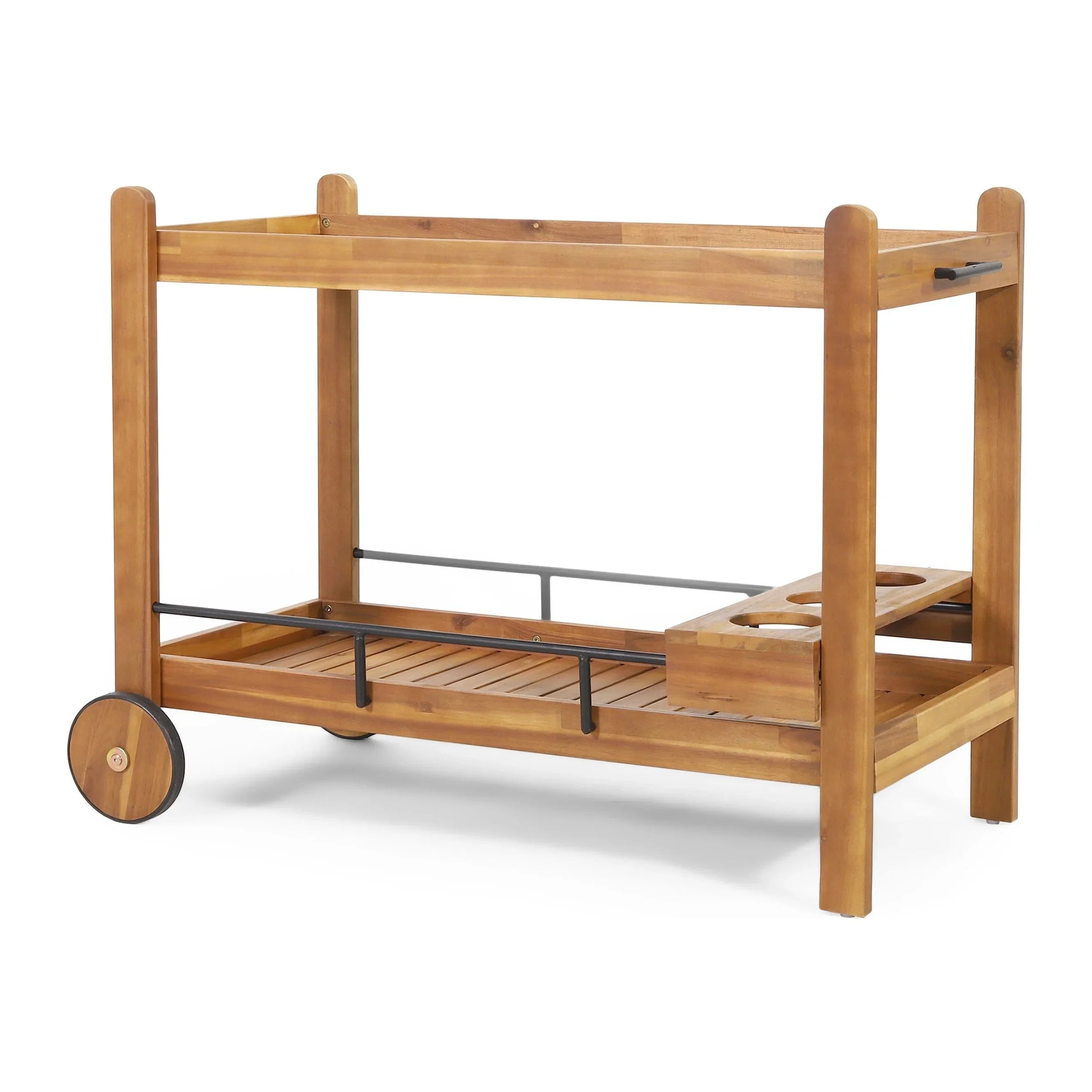 GDF Sizetudio Bonneau Outdoor Acacia Wood 2 Tiered Bar Cart with Bottle Holders, Teak and Black