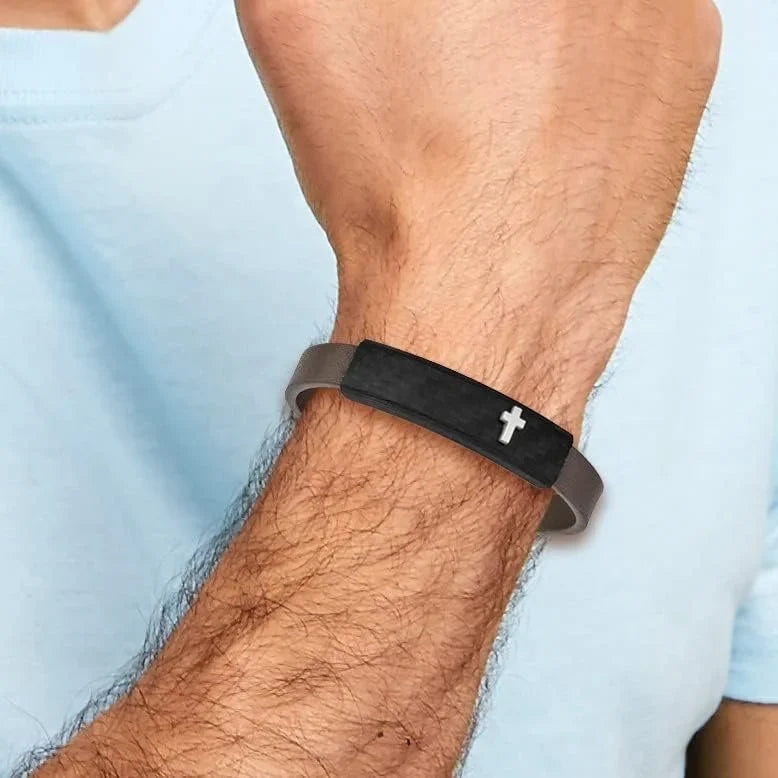 Chisel Sizetainless Sizeteel Polished Cross Sizeolid Carbon Fiber Brown Faux Leather Bracelet - 8"