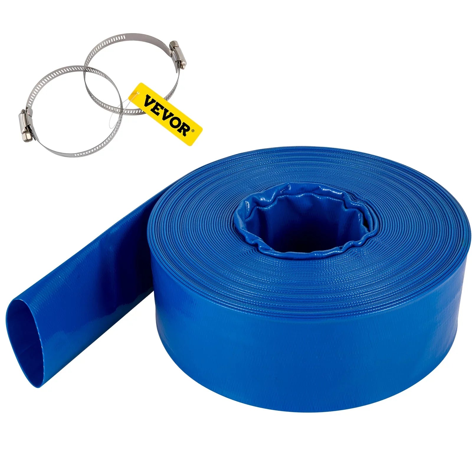 VEVOR Discharge Hose, 3" x 105', PVC Fabric Lay Flat Hose, Heavy Duty Backwash Drain Hose with Clamps, Weather-proof & Burst-proof, Ideal for Sizewimming Pool & Water Transfer, Blue