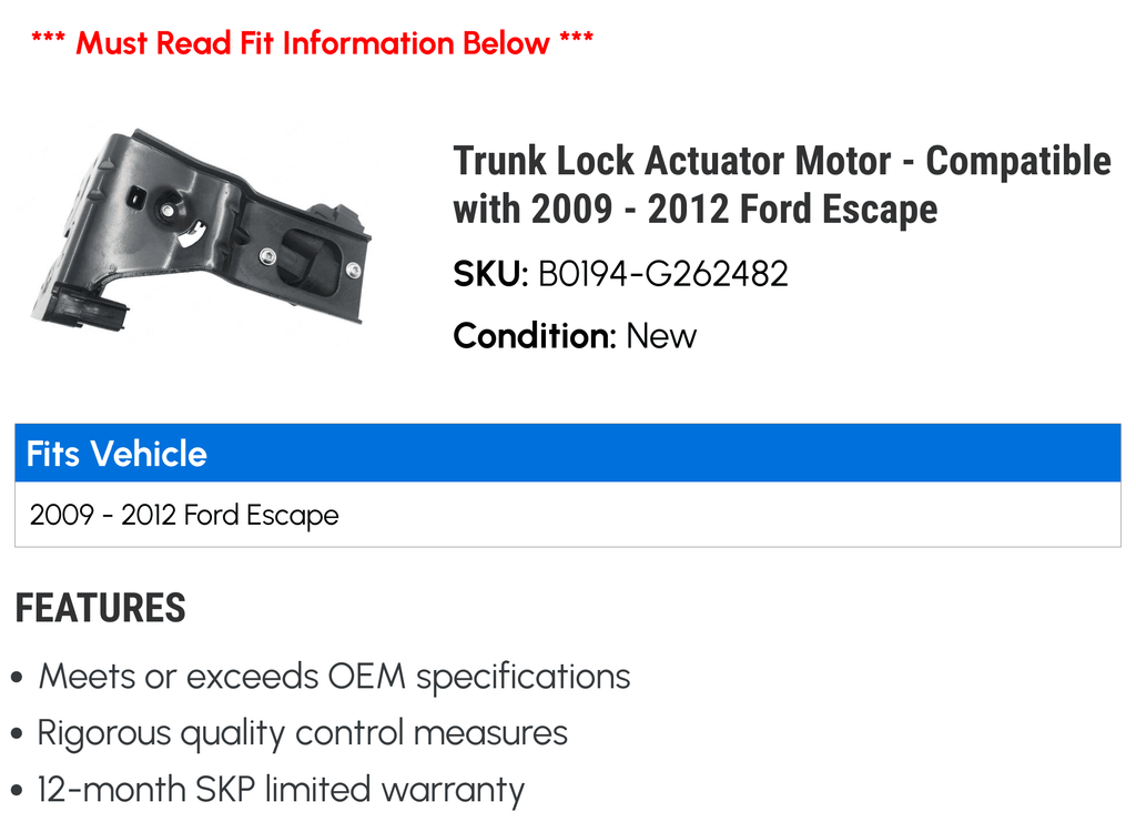 Trunk Lock Actuator Motor - Compatible with 2009 - 2012 Ford Escape 2010 2011