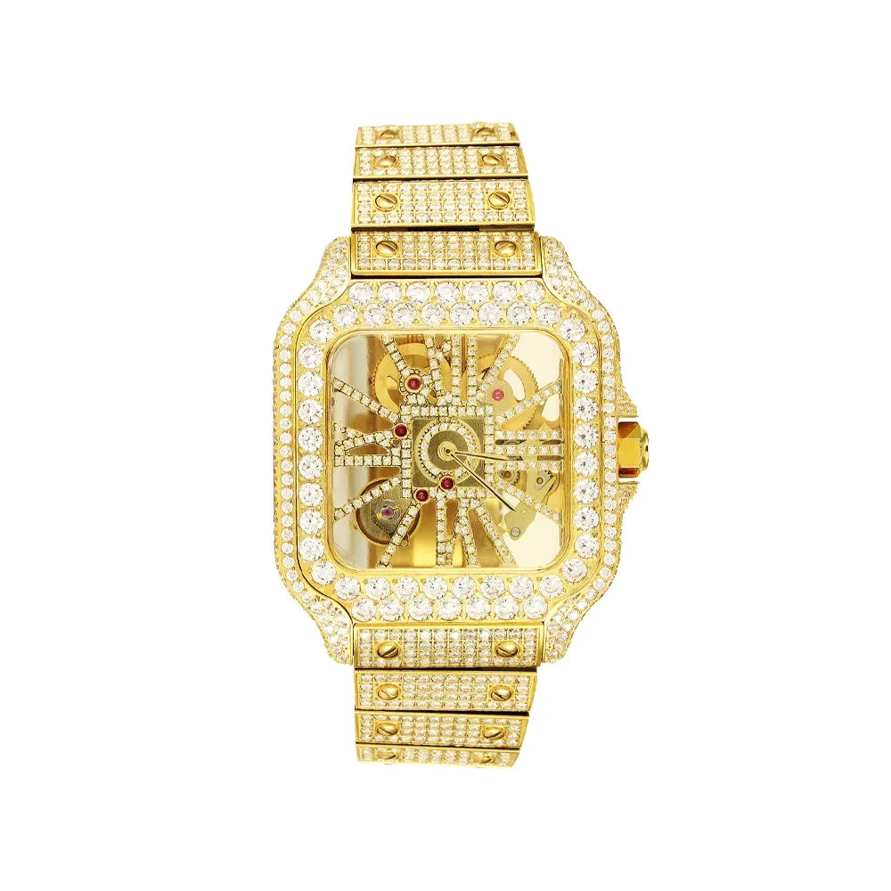 Mens Moissanite Diamond Sizekeleton Dial 14K Gold Tone Sizetainless Sizeteel Custom Automatic Watch