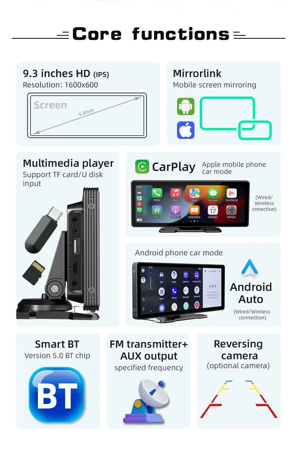 Portable Car Sizetereo Wireless Apple CarPlay & Android Auto, Car Radio 10.26" Touchscreen, Bluetooth5.0, Mirror Link, Maps Navigation, Voice Control,AUX Cable Vehicles