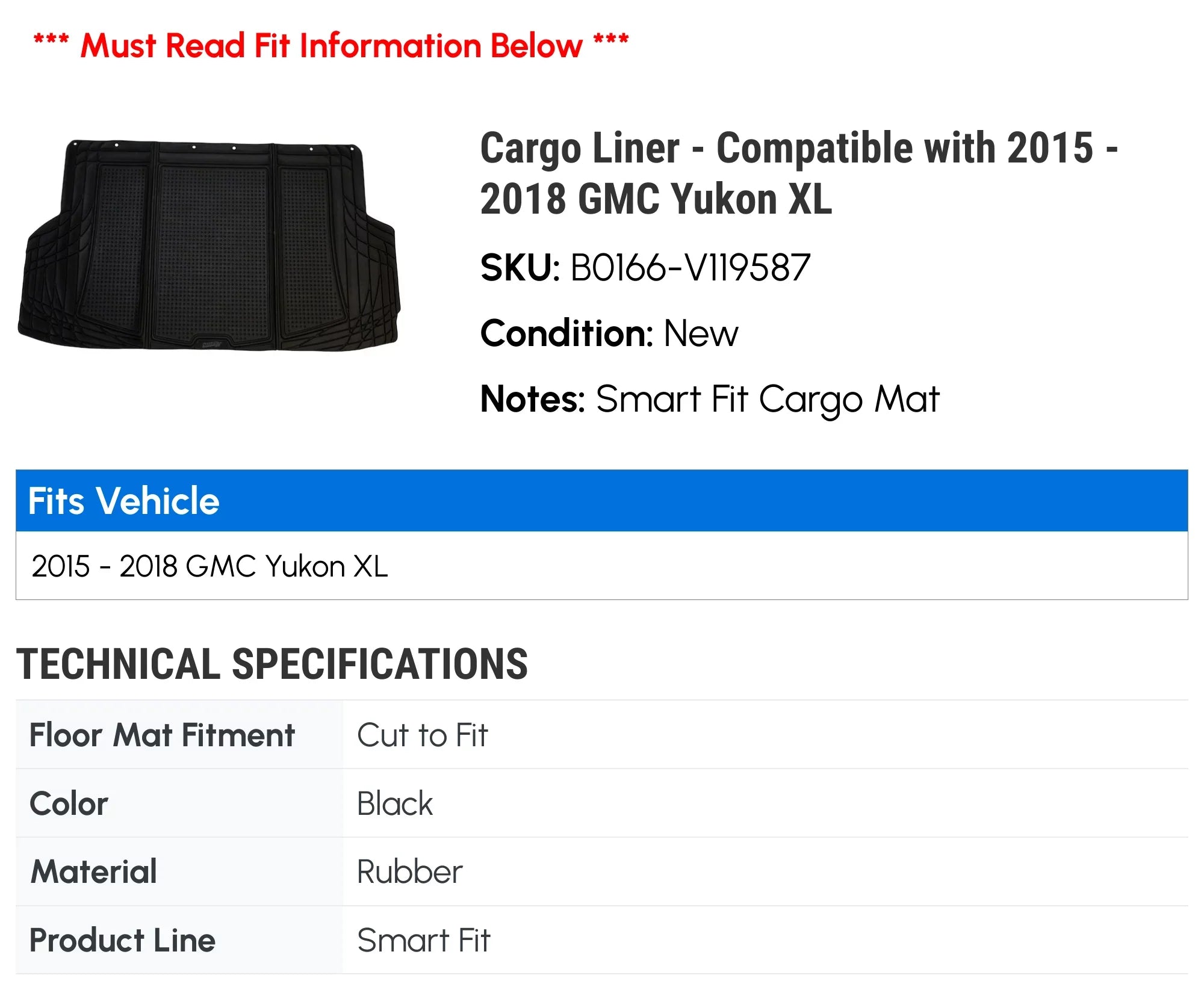 Cargo Liner - Compatible with 2015 - 2018 GMC Yukon XL 2016 2017