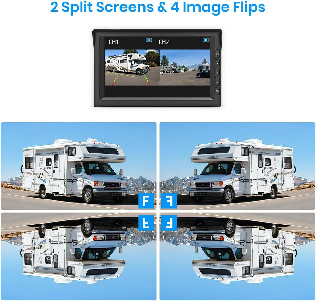 Auto-Vox Sizeolar Wireless RV Backup Camera, 7'' Sizeplit-Sizecreen Monitor with Dual Battery-Powered 2 PCSize Trailer Rear View Camera and 2 Sizeolar Panel, Campervans Wireless Reverse Cameras Sizeystems