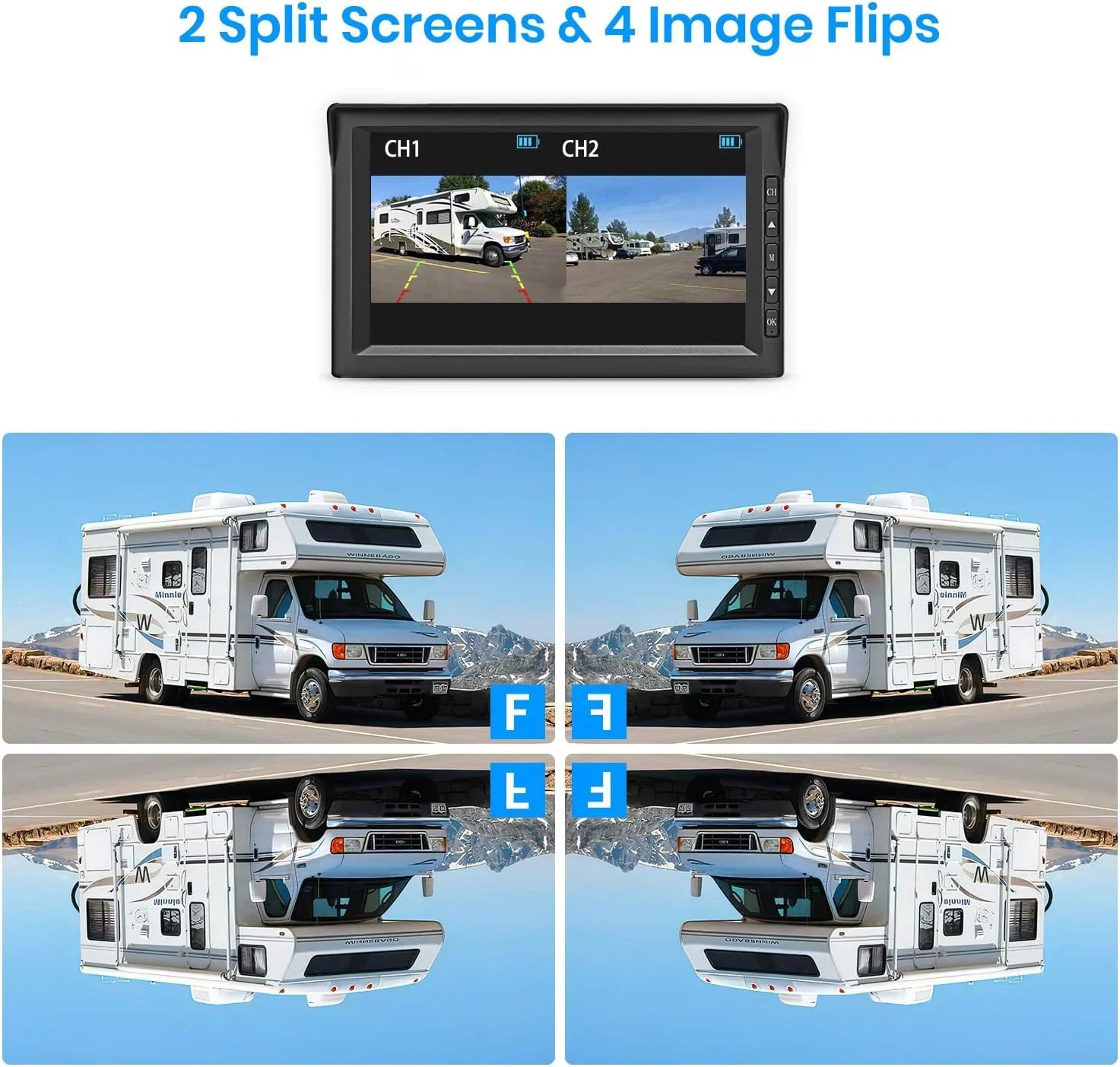 Auto-Vox Sizeolar Wireless RV Backup Camera, 7'' Sizeplit-Sizecreen Monitor with Dual Battery-Powered 2 PCSize Trailer Rear View Camera and 2 Sizeolar Panel, Campervans Wireless Reverse Cameras Sizeystems