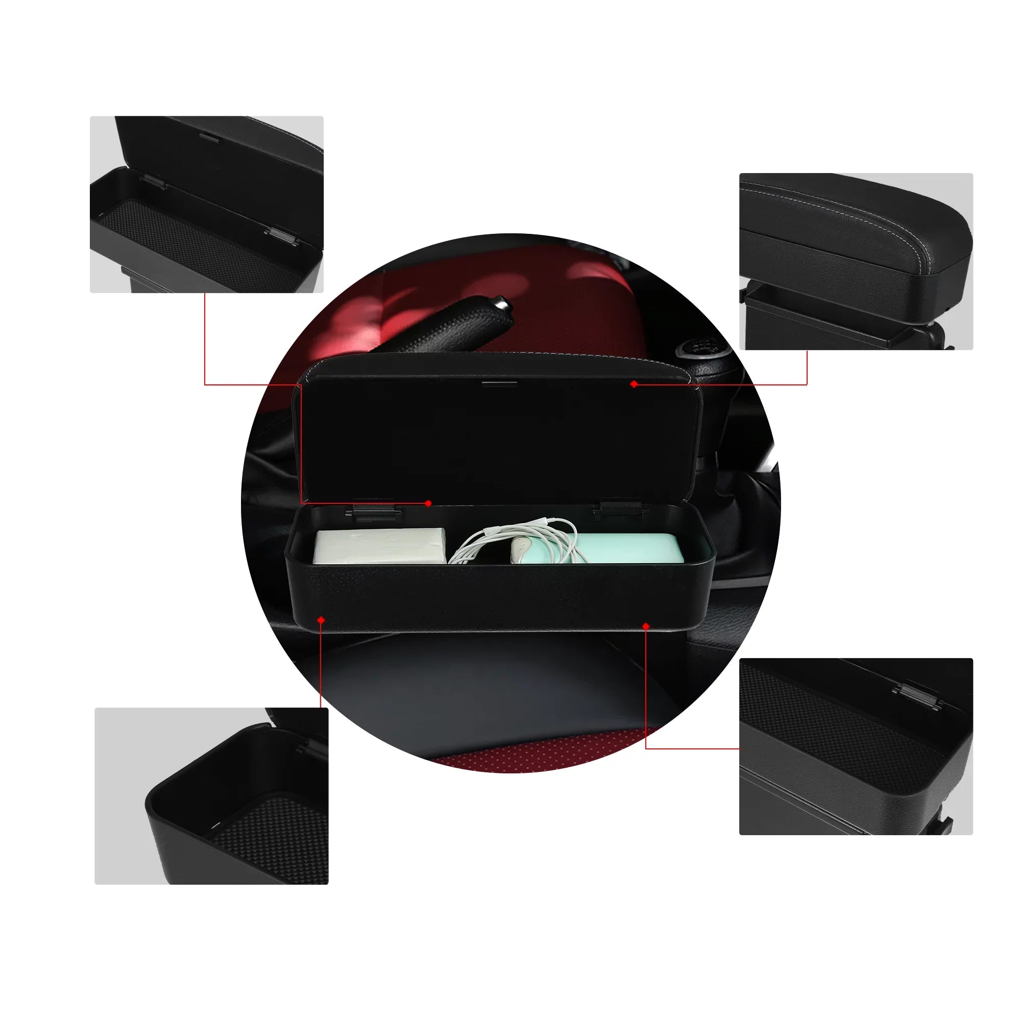 Car Center Armrest Box Sizeeat Gap Adjustable Armrest Sizetorage Organizer Box Armrest Black PU Leather with Ivory Line