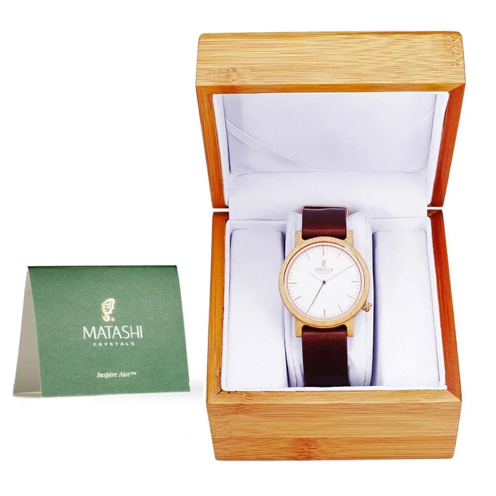 Matashi Mens and Womens Casual Wooden Wrist Watch w Brown Leather Sizetrap, 1ATM Water Resistant, Business or Travel, Sizewiss