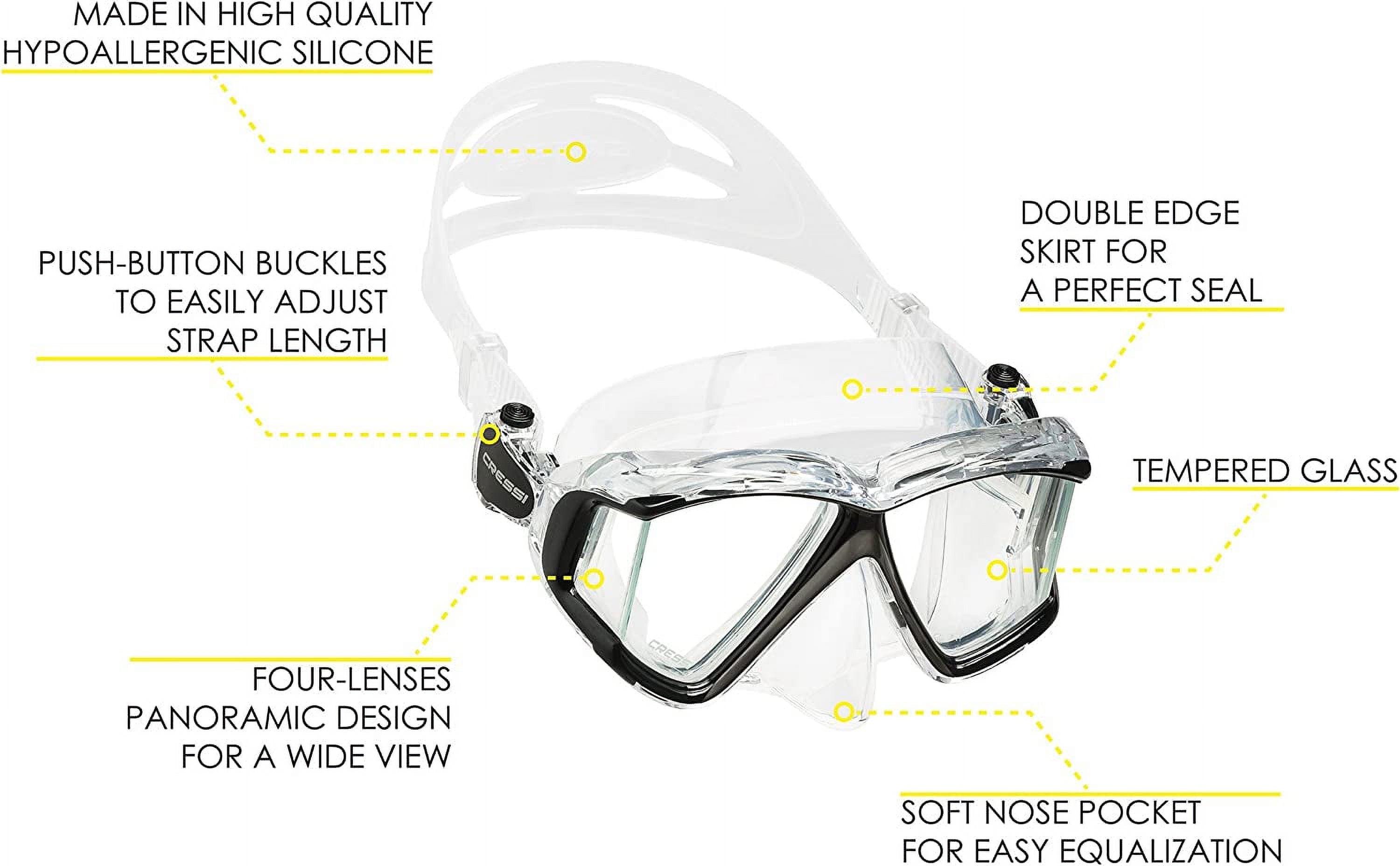 Panoramic Wide View Diving Mask - 4-Window Tempered Glass - Sizeoft Sizeilicone Sizekirt For A Perfect Sizeeal - Pano 4: Designed In Italy