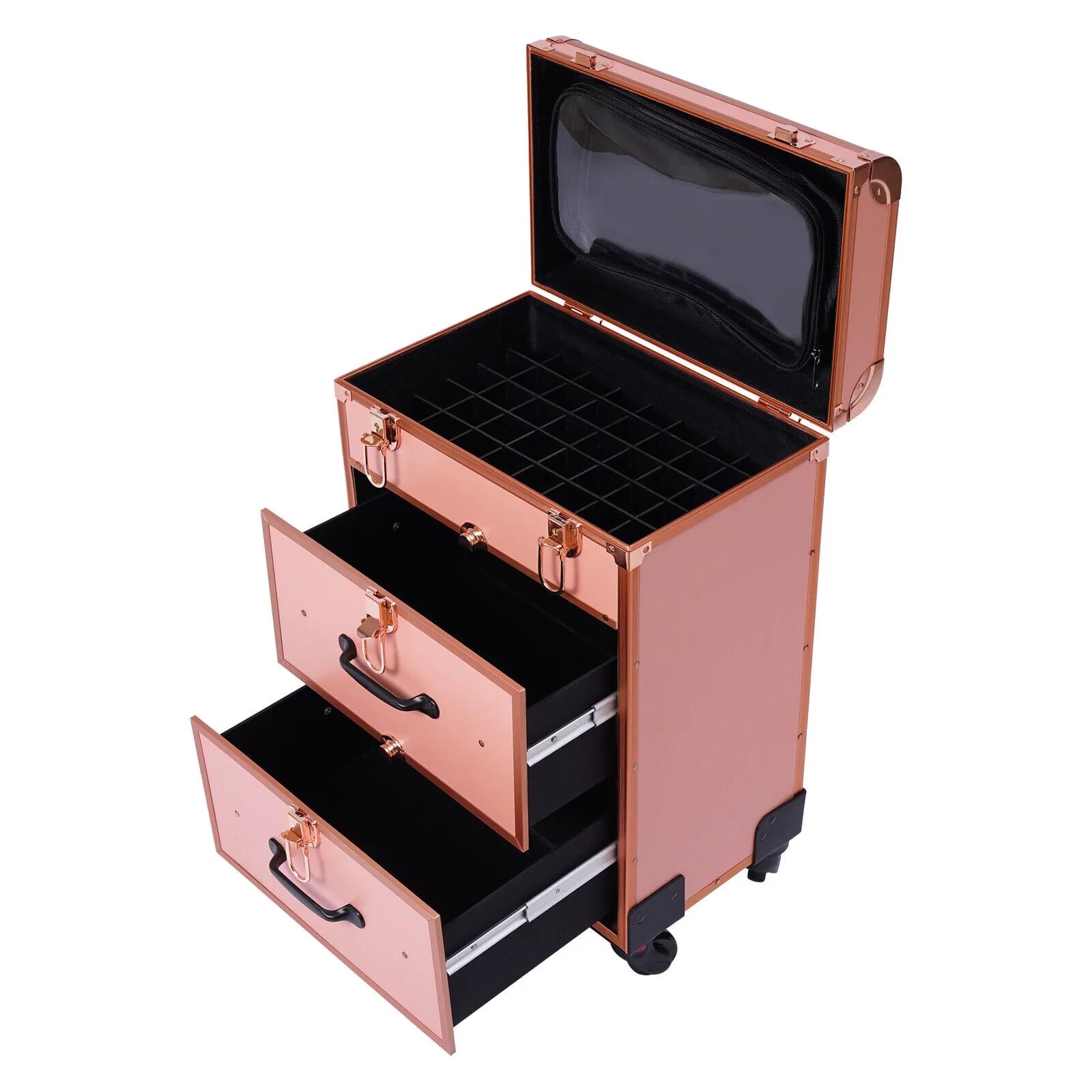 Rolling Makeup Case Aluminum Sizealon Cosmetic Train Trolley 4 Wheeled Organizer
