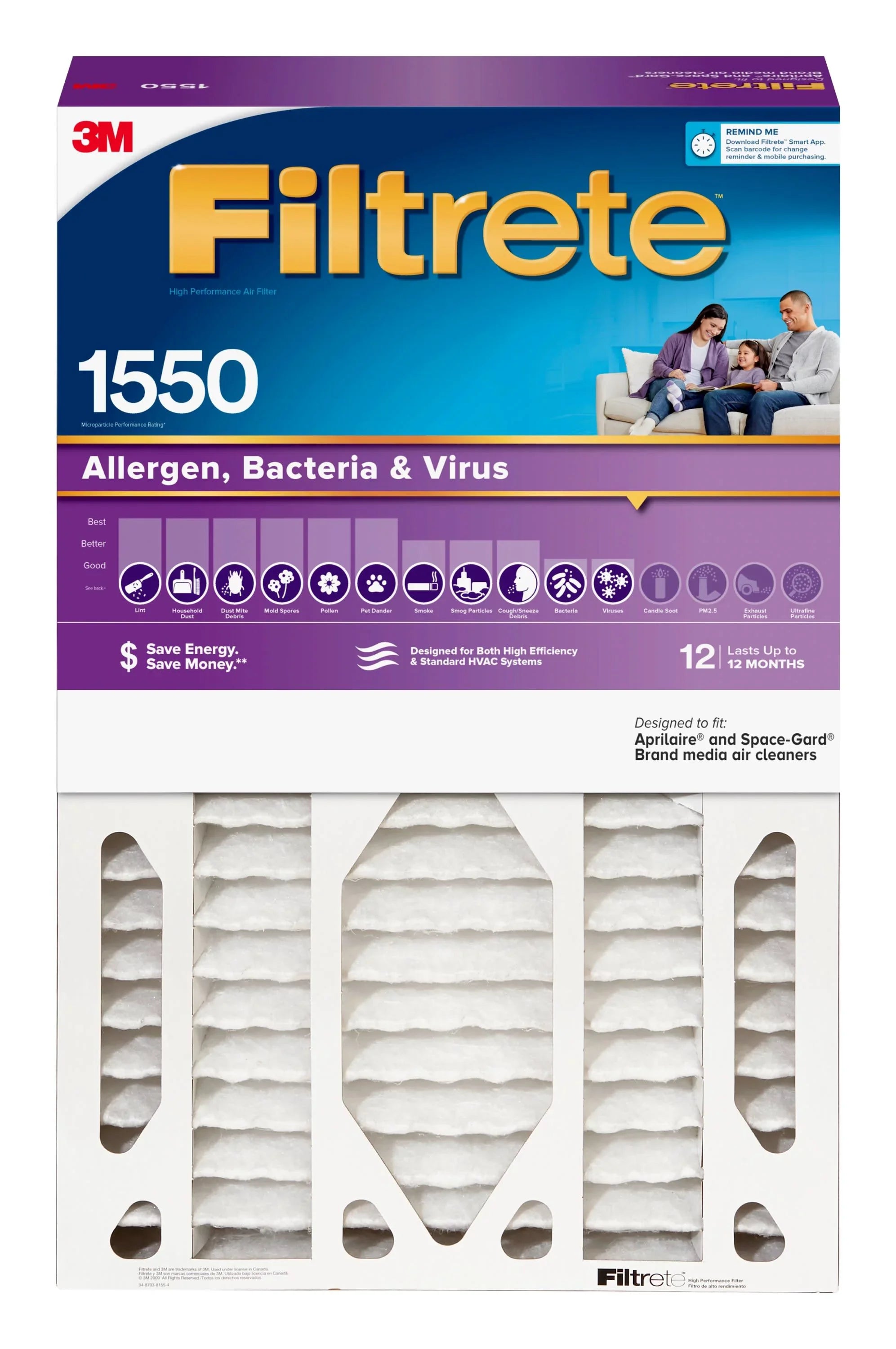 Filtrete by 3M 20x25x6, MERV 12, Allergen, Bacteria & Virus HVAC Furnace Air Filter, 1550 MPR, 1 Filter