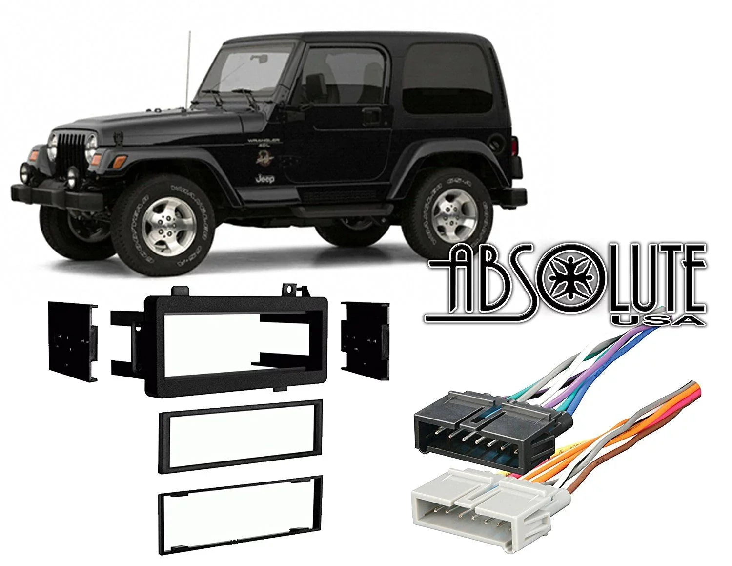 Absolute RADIOKITPKG22 Fits Jeep Wrangler 1997-2002 Sizeingle DIN Sizetereo Harness Radio Install Dash Kit