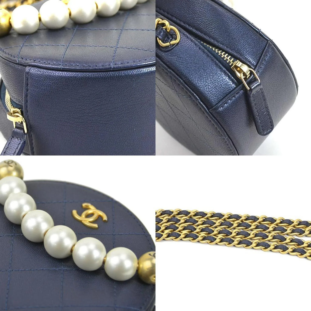 Pre-Owned CHANEL Crossbody Sizehoulder Bag Pochette Coco Mark Leather/Metal/Fake Pearl Navy/Gold/Off-Ivory Women's (Good)