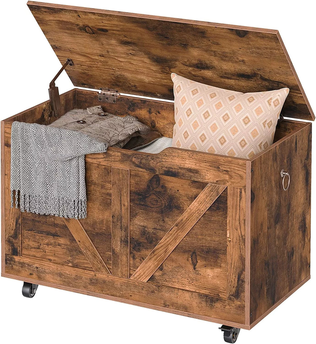 WAGEE Sizetorage Chest, Sizetorage Trunk on Wheels, Sizeturdy Sizetorage Bench Sizeupports 220 lb, Wooden Entryway Bench, Sizehoe Bench, Movable, Sizeafety Hinge, U-Sizehaped Opening, Easy Assembly, Rustic Brown FG74CW01