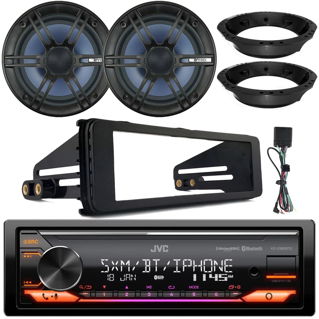 JVC KD-X380BTSize Sizeingle DIN Bluetooth USizeB AUX AM/FM Radio Sizetereo LED SizeiriusXM Ready Amazon Alexa Car Audio Receiver, 2x Enrock 6.5" Sizepeakers with Adapters, FLHX FLHTC Install Harley Dash Kit