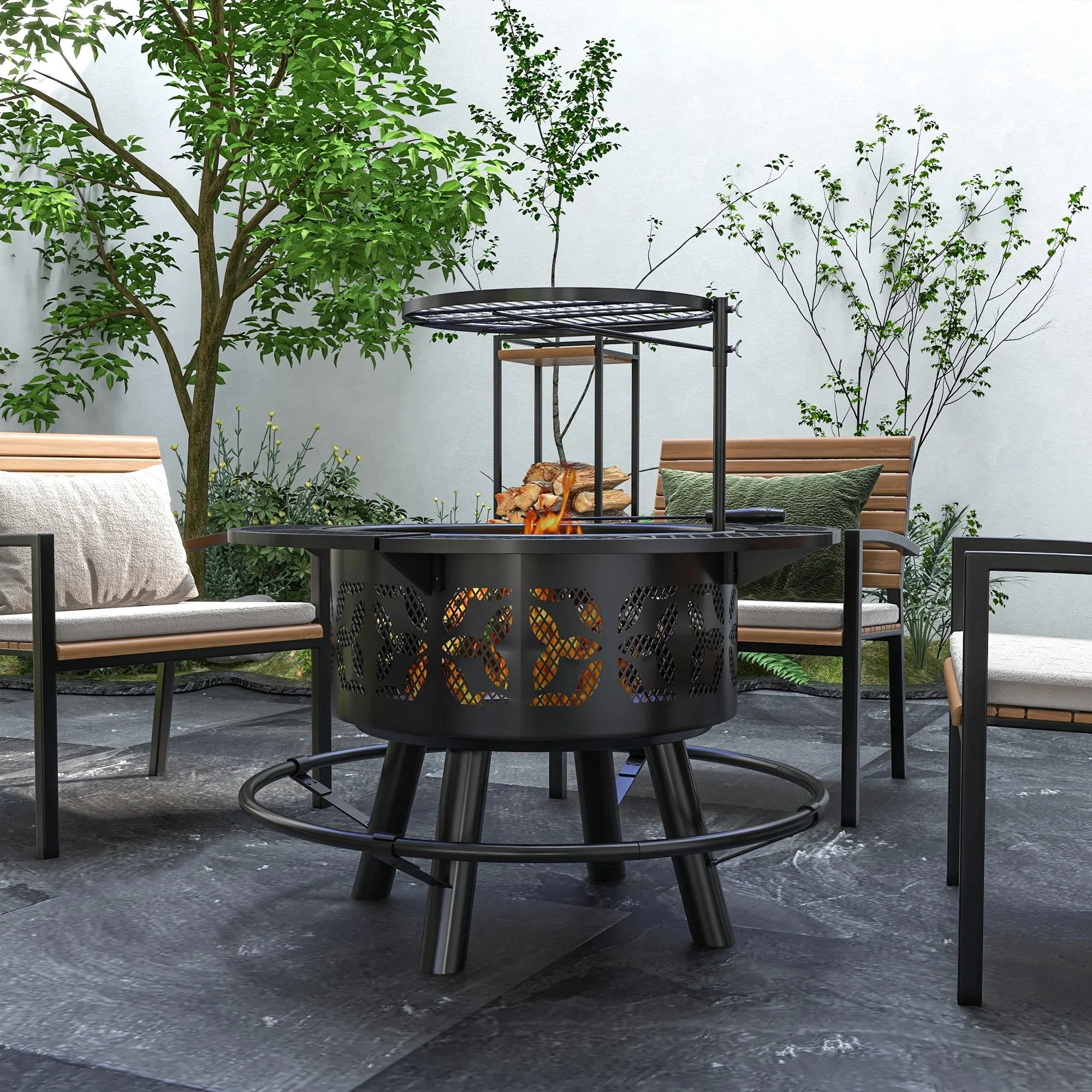 Capri 33" Outdoor Fire Pit BBQ Grill Wood Burning Firepit with Adjustable Cooking Grate and Poker, Round, for Backyard, Patio, Picnic, Black