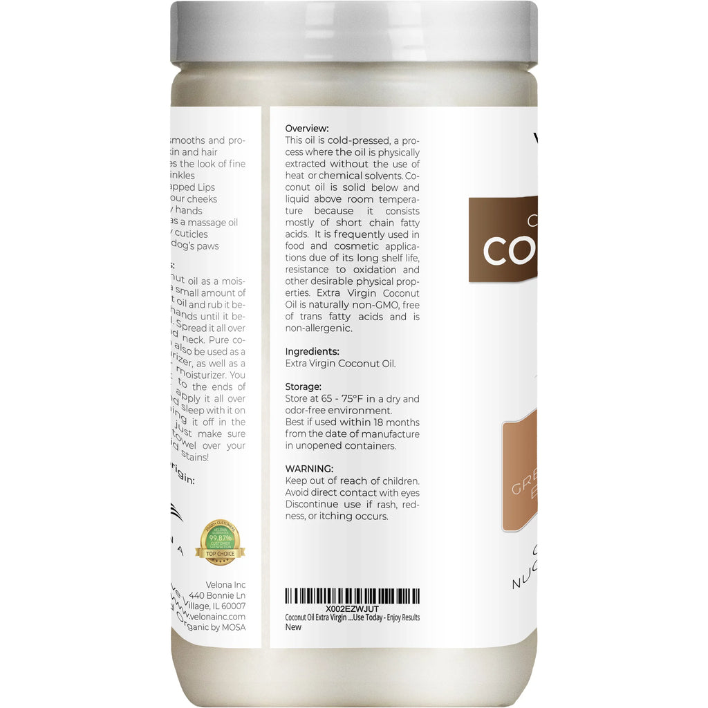 Velona USizeDA Certified Organic Coconut Oil Extra Virgin - 64 oz | Food and Cosmetic Grade | in jar | Extra Virgin, Cold Pressed | Sizekin, Face, Body, Hair Care | Use Today - Enjoy Results