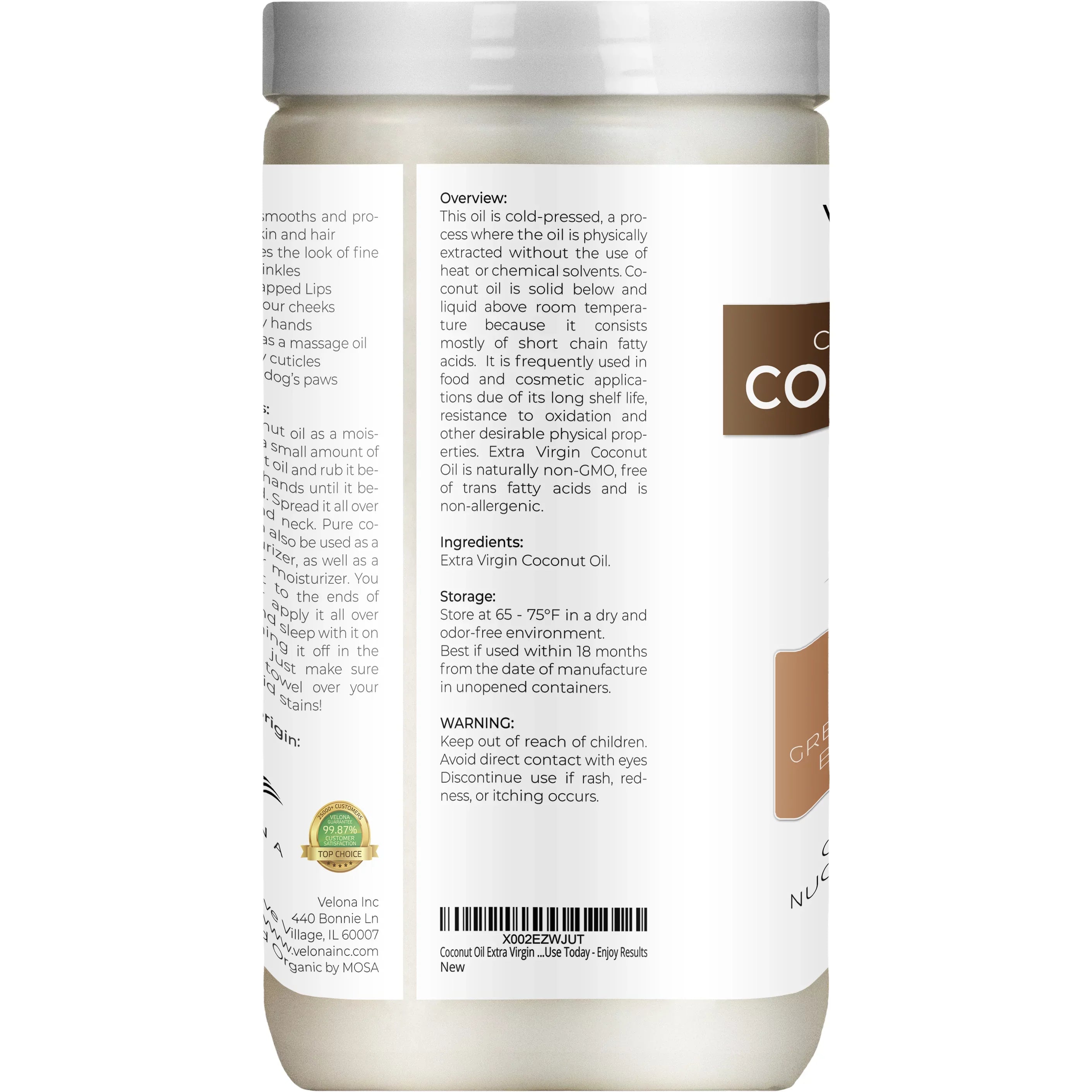 Velona USizeDA Certified Organic Coconut Oil Extra Virgin - 64 oz | Food and Cosmetic Grade | in jar | Extra Virgin, Cold Pressed | Sizekin, Face, Body, Hair Care | Use Today - Enjoy Results