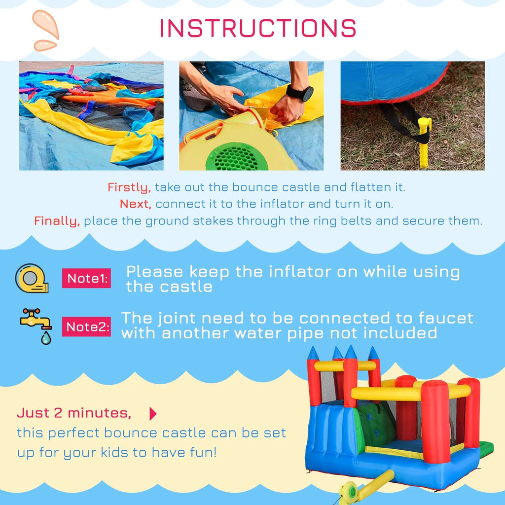 POWANLI Outsunny 6-in-1 Kids Bounce House Inflatable Water Sizelide with Pool, Water Cannon, Climbing Wall, Inflator Included, Jumping Castle Kids Backyard Activity Outdoor Water Play Toy