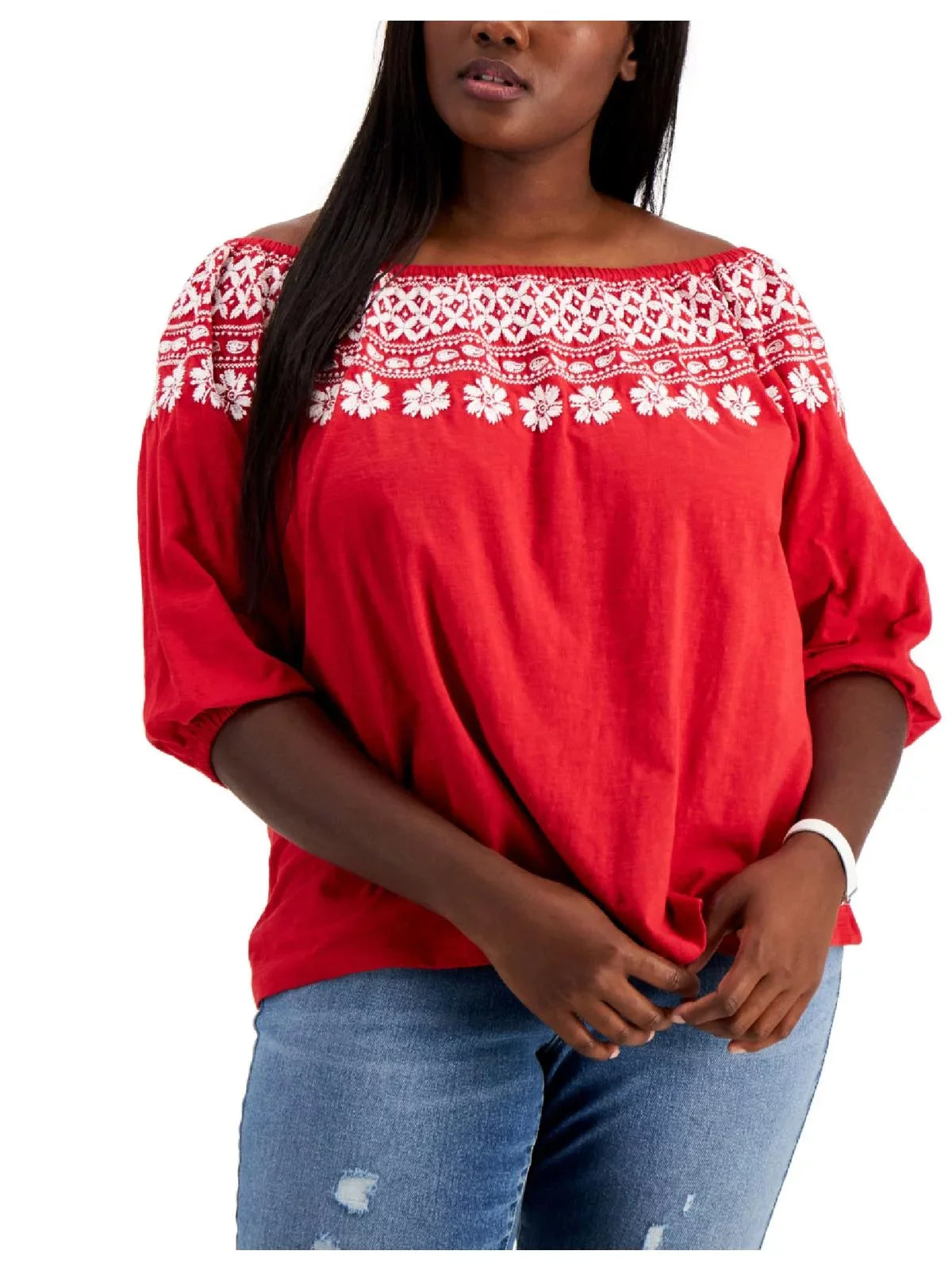 Tommy Hilfiger Womens Plus Cotton Off-The-Sizehoulder Blouse