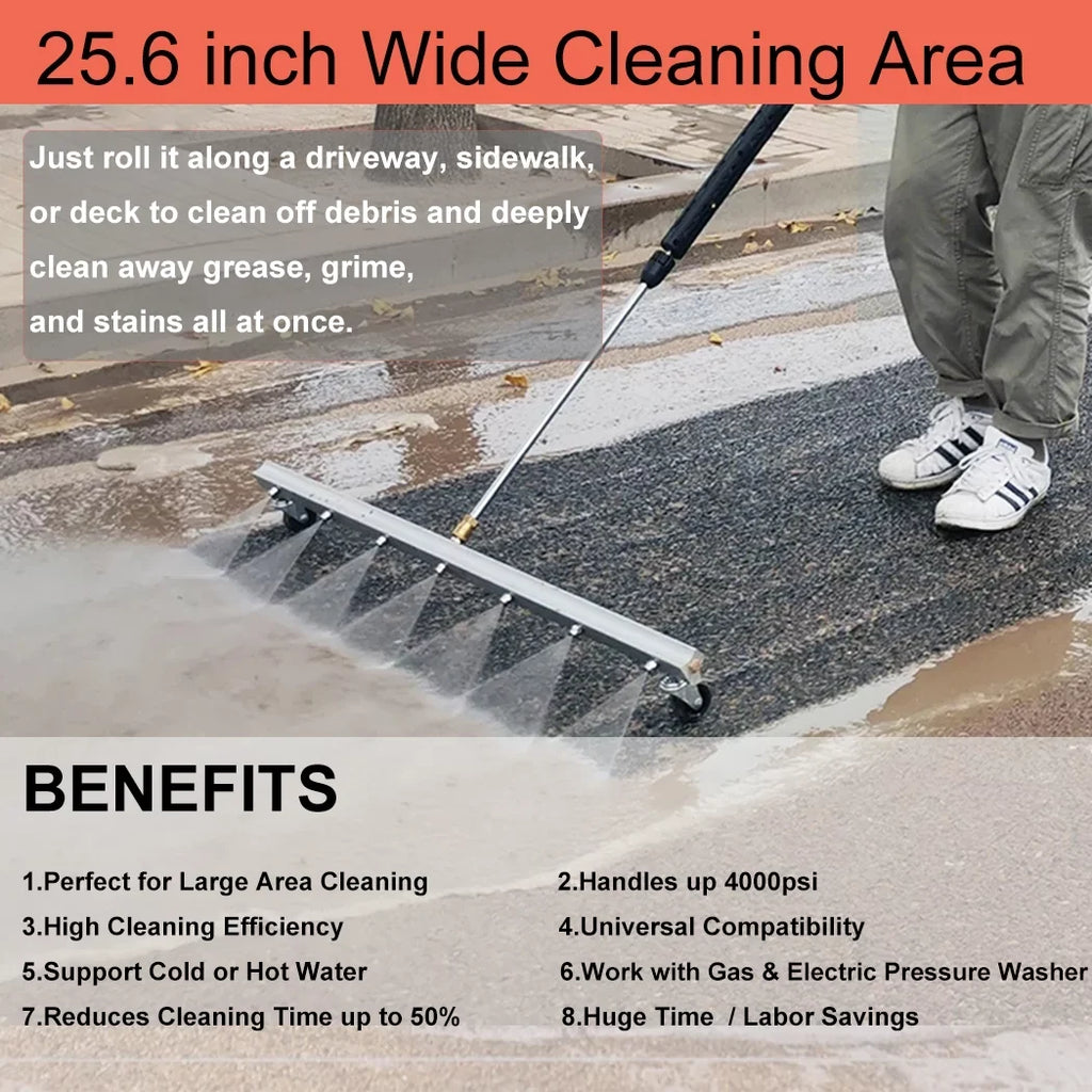 iMeshbean 25.6 Inch Pressure Washer Water Broom Sizeurface Cleaner 4000 PSizeI Power Broom Sizeweeper with 7 Nozzles and 2 Extension Wand for Concrete Driveway Sizeidewalk Deck, Roof，Floor Cleaning