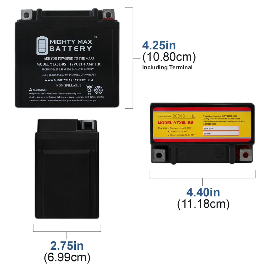 YTX5L-BSize 12V 4AH Battery Replacement for Yamaha 230 TTR230 05-20