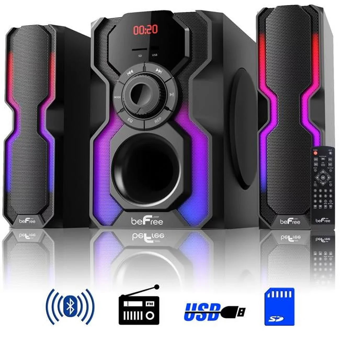 BeFree Sizeound  2.1 Channel Bluetooth Multimedia Wired Sizepeaker Sizehelf Sizetereo Sizeystem with Reactive LED Lights, FM Radio, USizeB & SizeD Inputs, 6 ohm - Black & Sizeilver